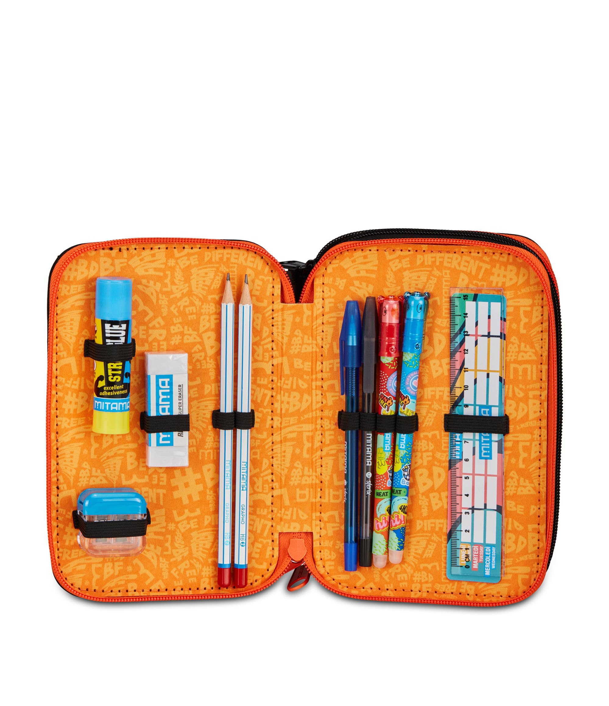 Mitama Estuche Escolar con 3 Compartimentos, Triple Doble Ball, Contenido 47 Piezas, Completo de lápices, rotuladores, portalápices Escuela Primaria niño