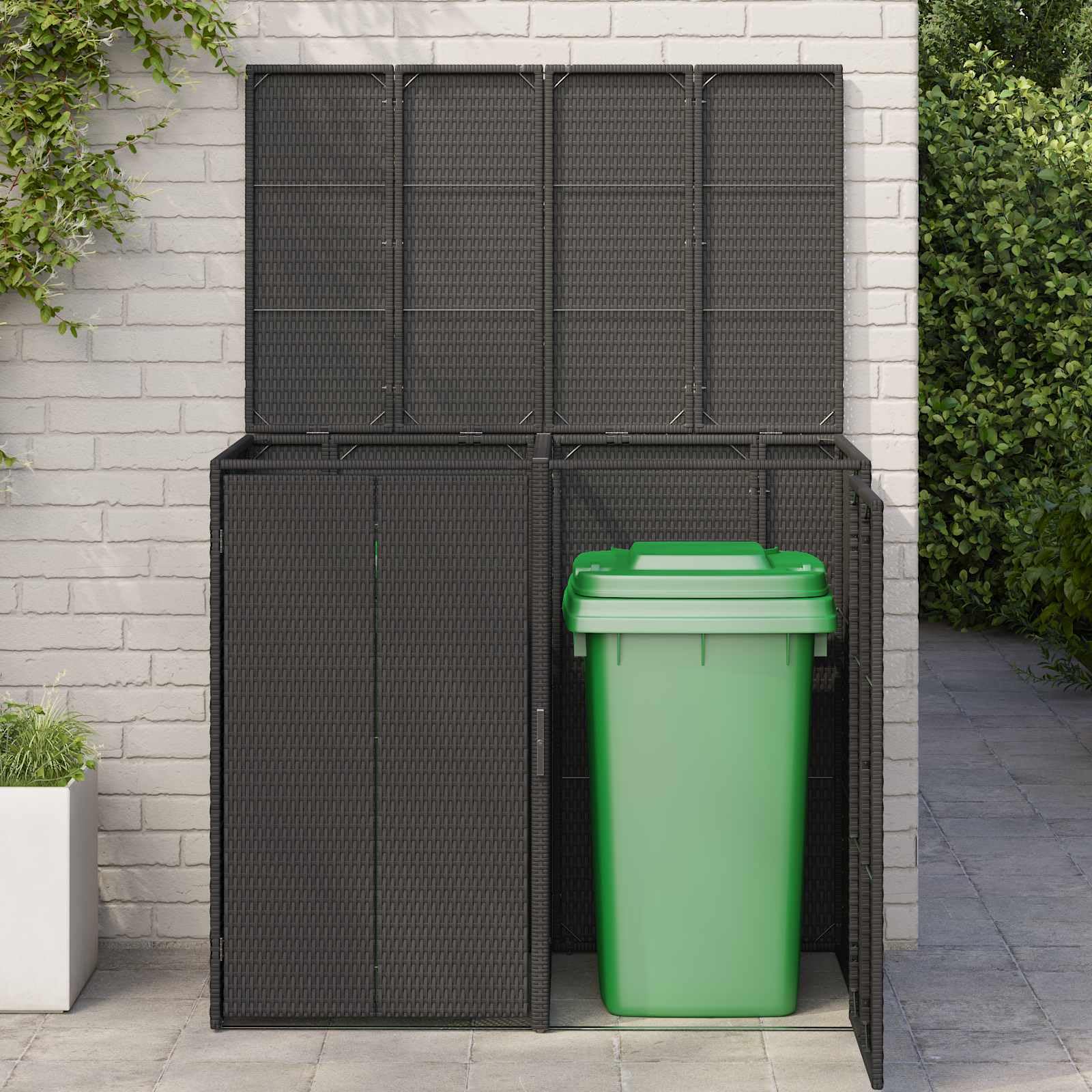 Mülltonnenbox 2 Stück Schwarz 130 x 80 x 115 cm Polyethylen mit Rattangeflecht pulverbeschichtet für Außenbereich Terrasse Gartenlagerung