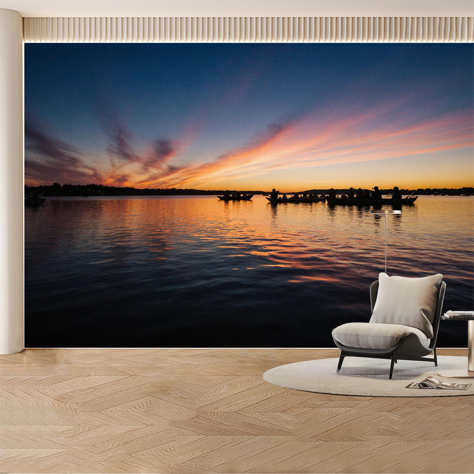 Custom Wall Mural Wallpaper Sunset Lake Boats Nature Landscape Large Wall Art Mural Design for Living Room， Bedroom， Office