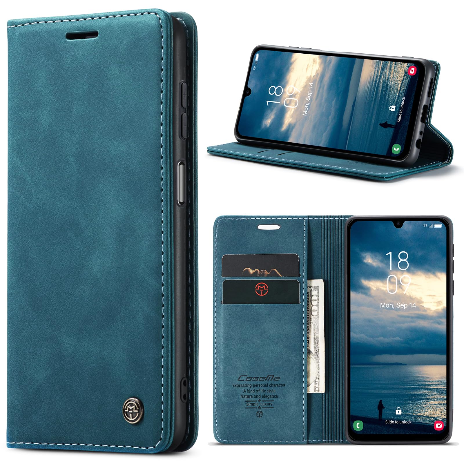 Azororo Cover per Samsung Galaxy A25 5G, Premium PU Pelle Custodia, Magnetica Carta Fessura Portafoglio Case, Flip Cavalletto Custodia per Samsung Galaxy A25- Blu verde