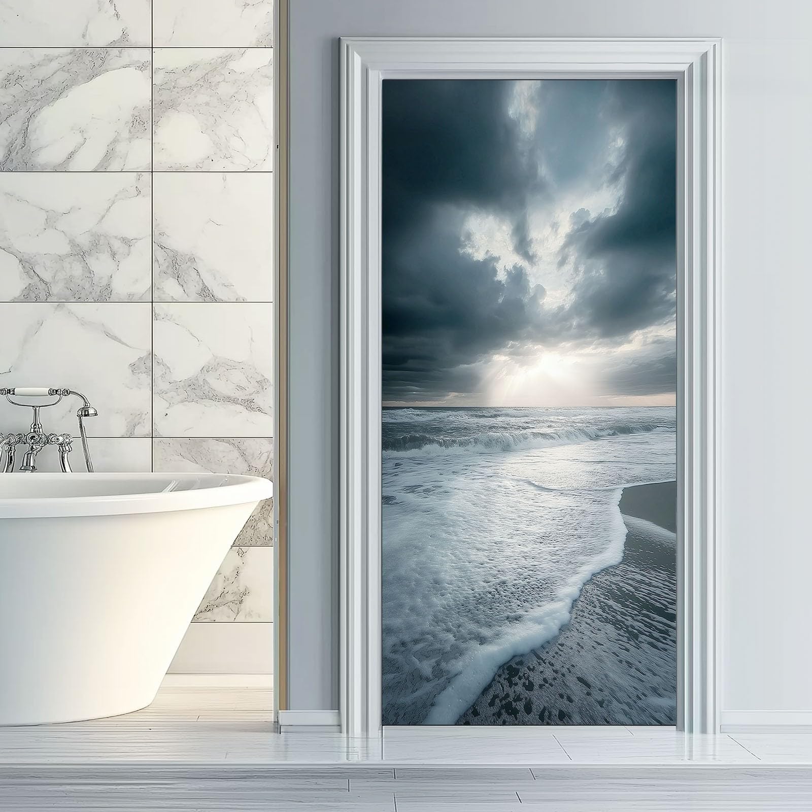 Naklejka na drzwi, samoprzylepna, 80 x 210 cm, naturalny krajobraz, plakat na drzwi - plaża, fale, ciemne chmury, trwała i wodoszczelna, fototapeta, folia na drzwi, szara 3D "zrób to sam", naklejka na