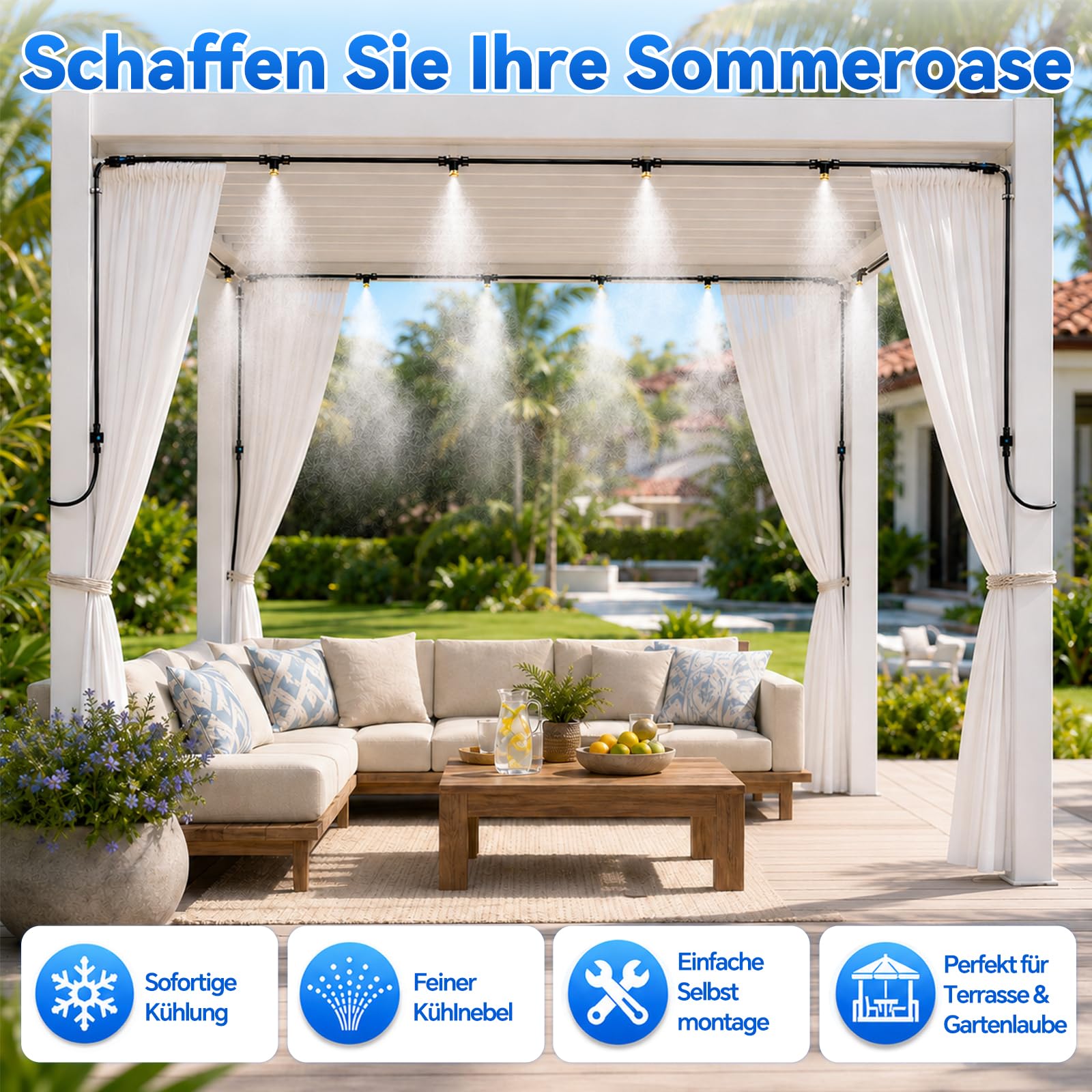 Pulverizador de refrigeración para terraza, manguera de 18 m, sistema de enfriamiento de niebla de agua con adaptador de latón de 3/4 pulgadas y filtro para pulverización de neblina, niebla de