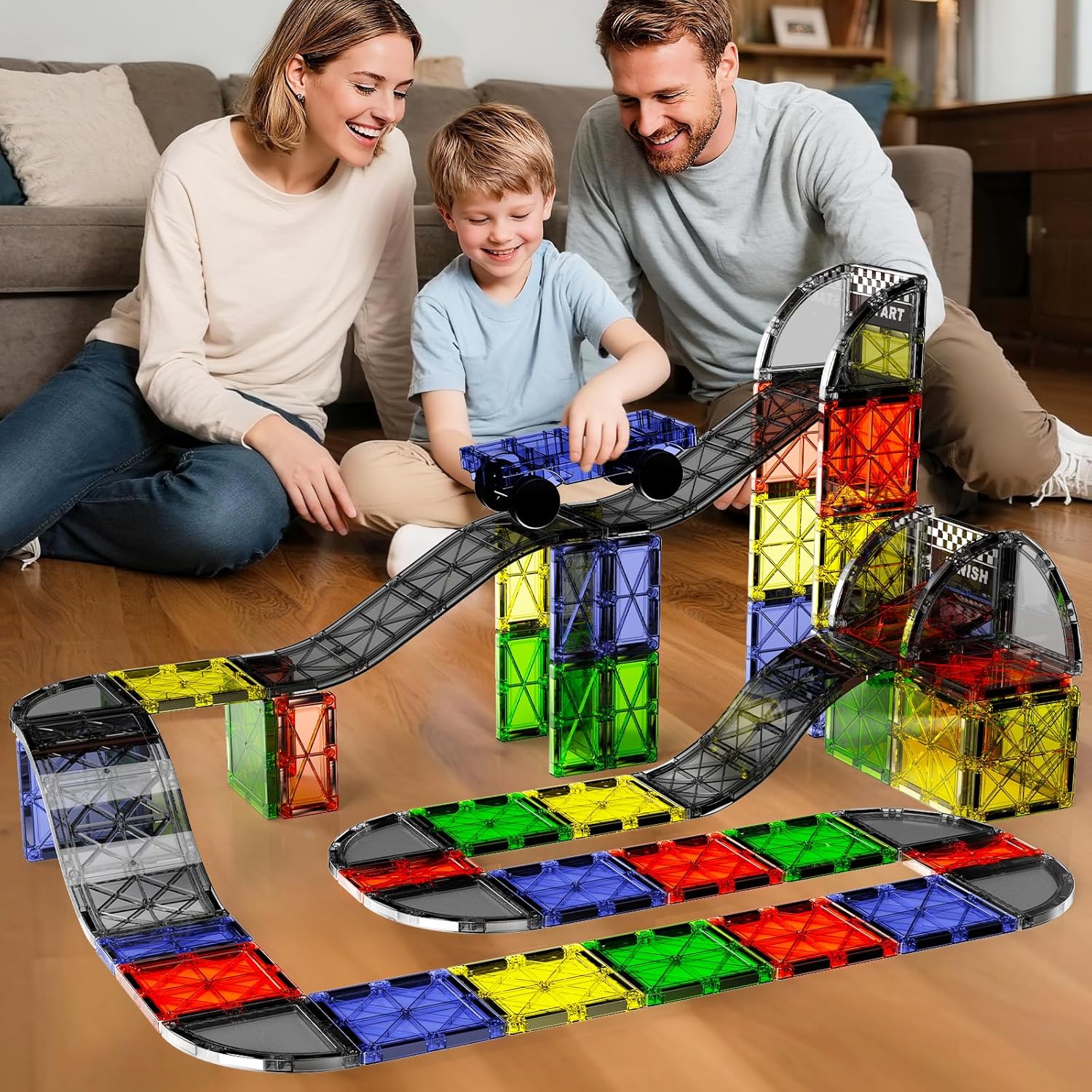 Magnetic Downhill Racer Set 40-Piece with Car & Tracks, STEM Magnetic Tiles Building Toys for Kids Ages 3-8, Montessori Learning Toys with Reinforced Slopes & Loop Pieces