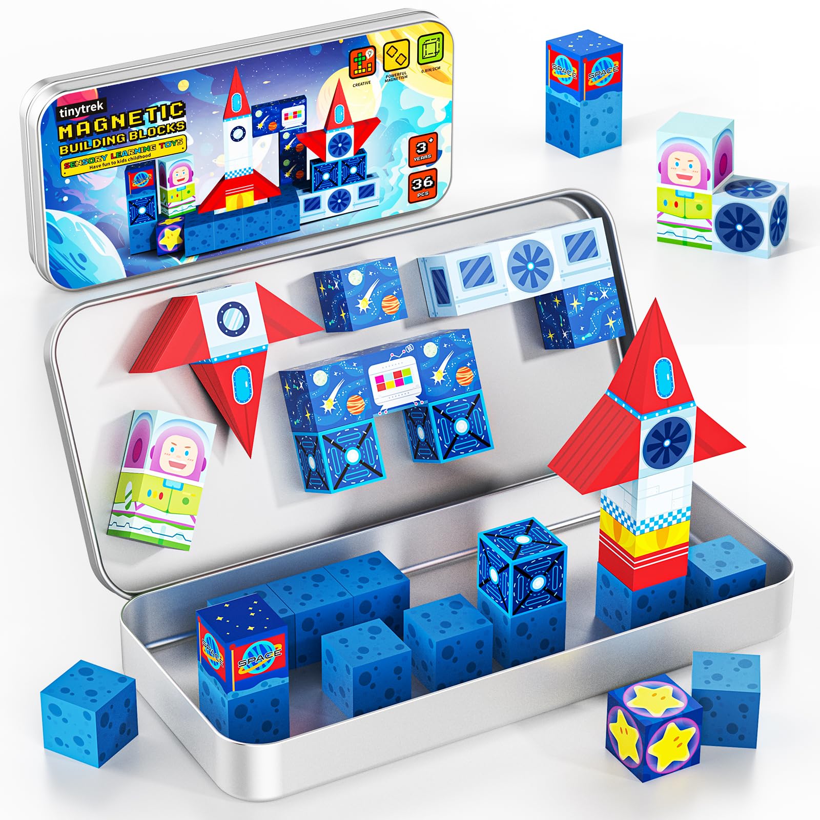Magnetische Bausteine Reisespielzeug für Kinder 36 Stück Tragbare Reise Mini-Magnetbausteine Sensorisches kreatives Spielzeug Unterricht Geschenk für Jungen und Mädchen ab 3 Jahren