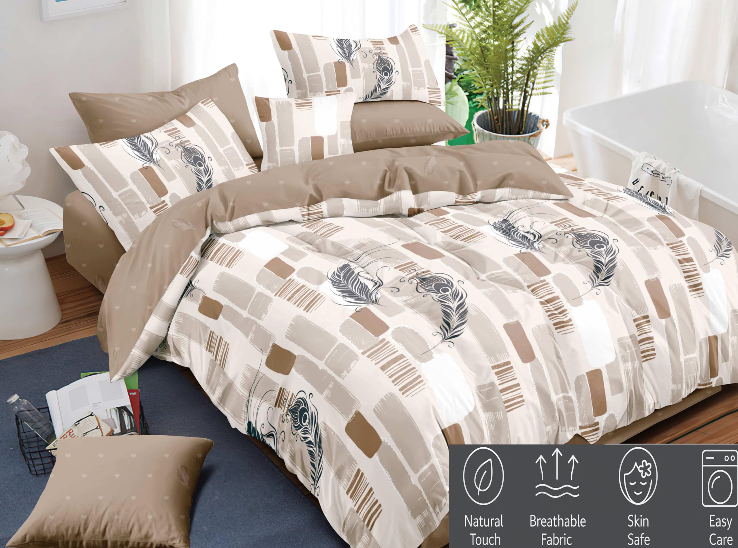 Elegancki Komplet Pościeli, 100% Bawełna, Beżowo-Biały z Motywem Piór, 160x200cm Kołdra i 2 Poszewki na Poduszki, 3 Elementy