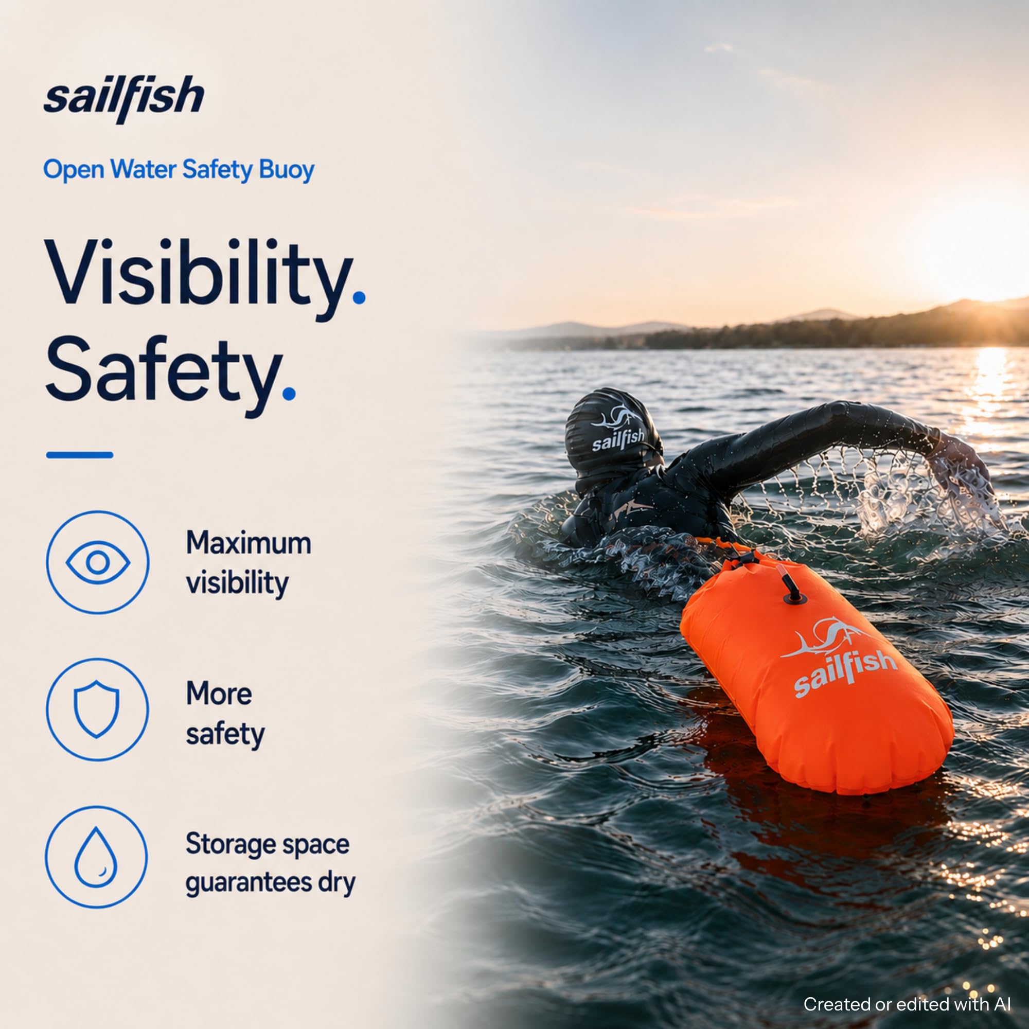 Sailfish® Open Water Safety Buoy nadmuchiwana boja do pływania z paskiem w talii i wodoodporną kieszenią na wartościowe przedmioty | Safety Buoy Open Water & Triathlon | Wysoka widoczność i