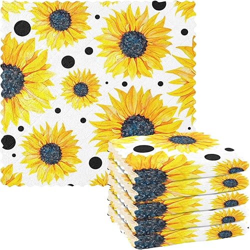 Miniatura 1 de Yellow Sunflowers White Cotton Print Microfiber Dish Drying Towel Quick Dry Set of 6 Tea Towels for Kitchen for Restaurant Sink