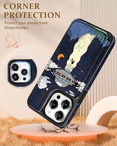 Miniatura 4 de Shorogyt Funda tipo cartera para iPhone 14 Pro Max con tarjetero y soporte para tarjetas, diseño de ovnis alienígena con función atrás, cierre