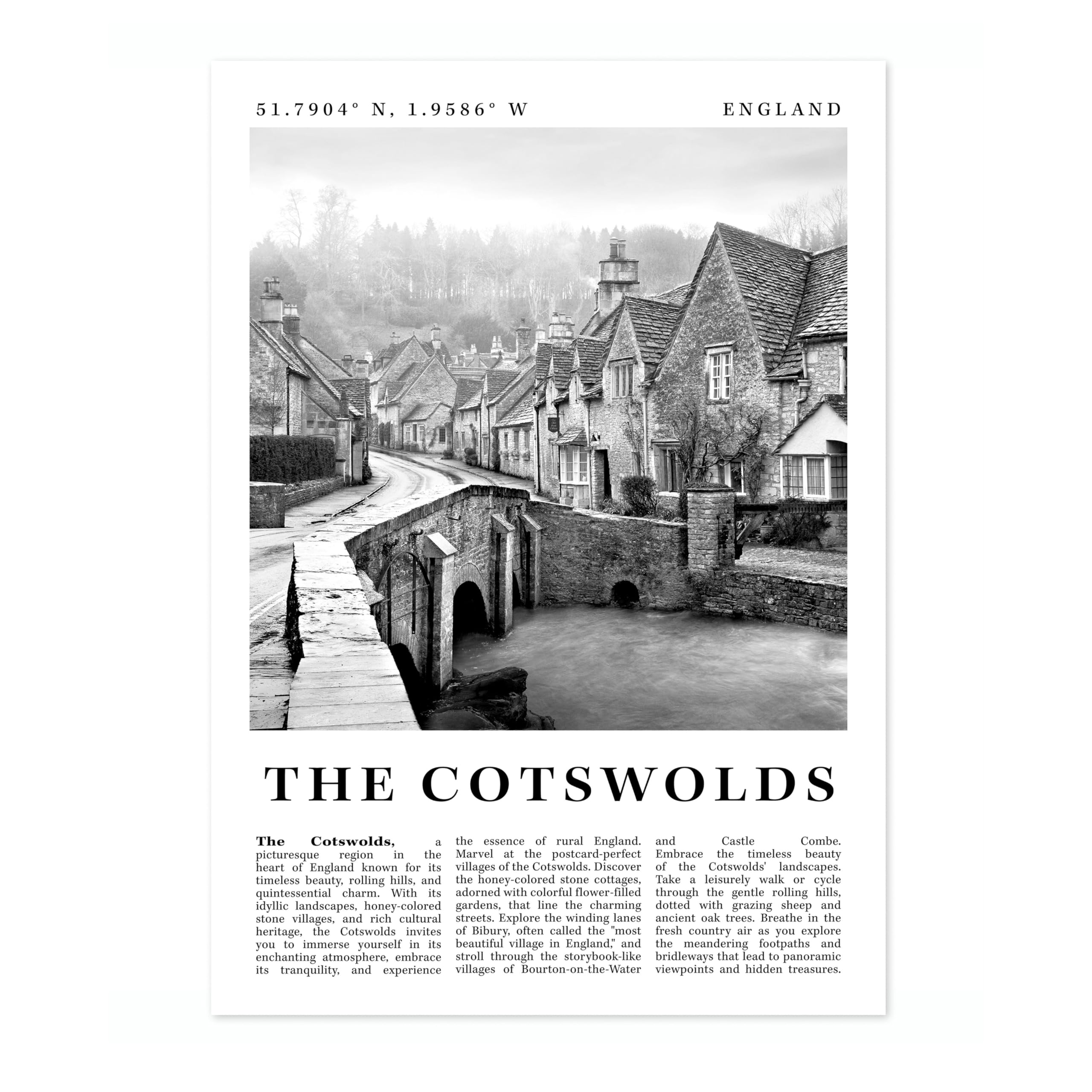 Cotswolds - England England Travel Poster, Black And White Photographic City Destination Print, Britain Picture, Living Room Decor, Archival Matte, A4 (Print Only) - 29.7x21cm