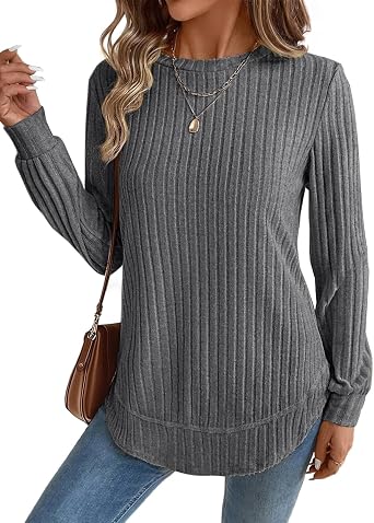 JUSTFASHIONNOW Womens Long Sleeve Tunic Tops Crew Neck Lightweight Sweaters