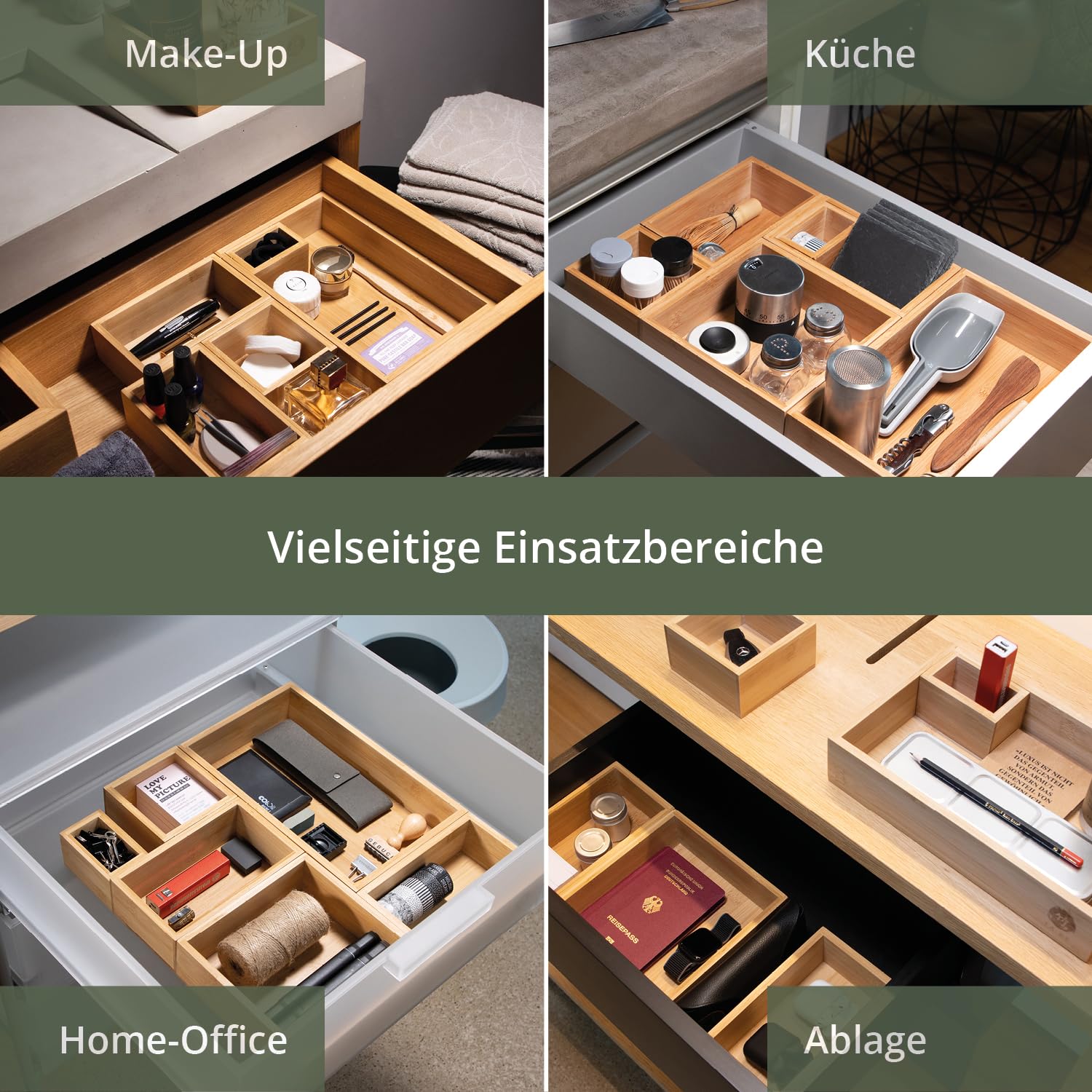 TAKE® 6-teiliges Schubladen Organizer aus 100% Natur Bambus - Boxen in vers. Größen für Küche, Bad & Büro, Schminktisch Organizer Bad, Drawer Organizer