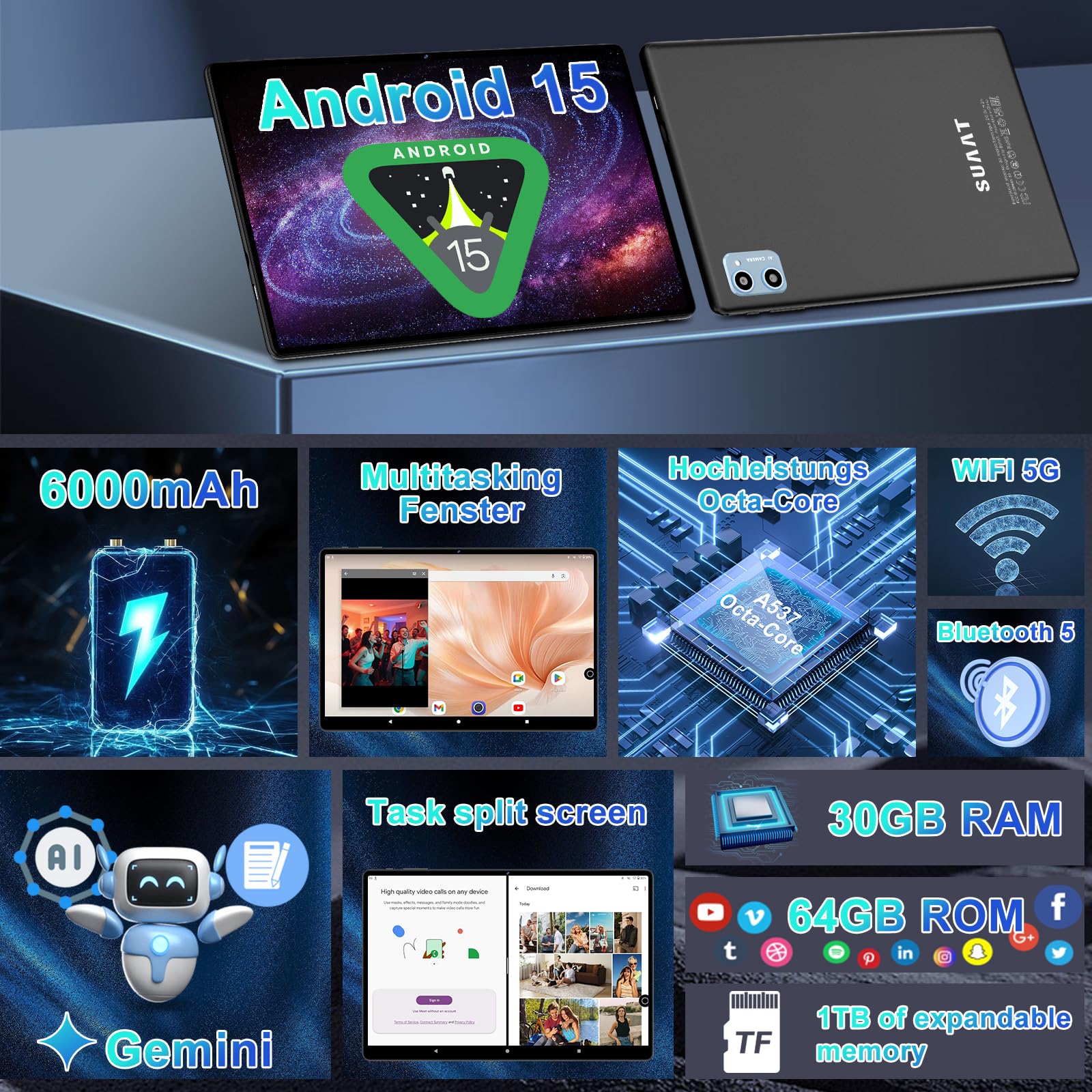 2026 Tablet Android 15 Octa Core Tablets 10 Zoll mit 64 GB ROM + 2 TB TF | 5G + 2,4G WiFi |GMS| Bluetooth 5.0 |8 MP + 5 MP | Typ C,Touchscreen-Tablet mit Hülle, Tastatur und Maus-Schwarz