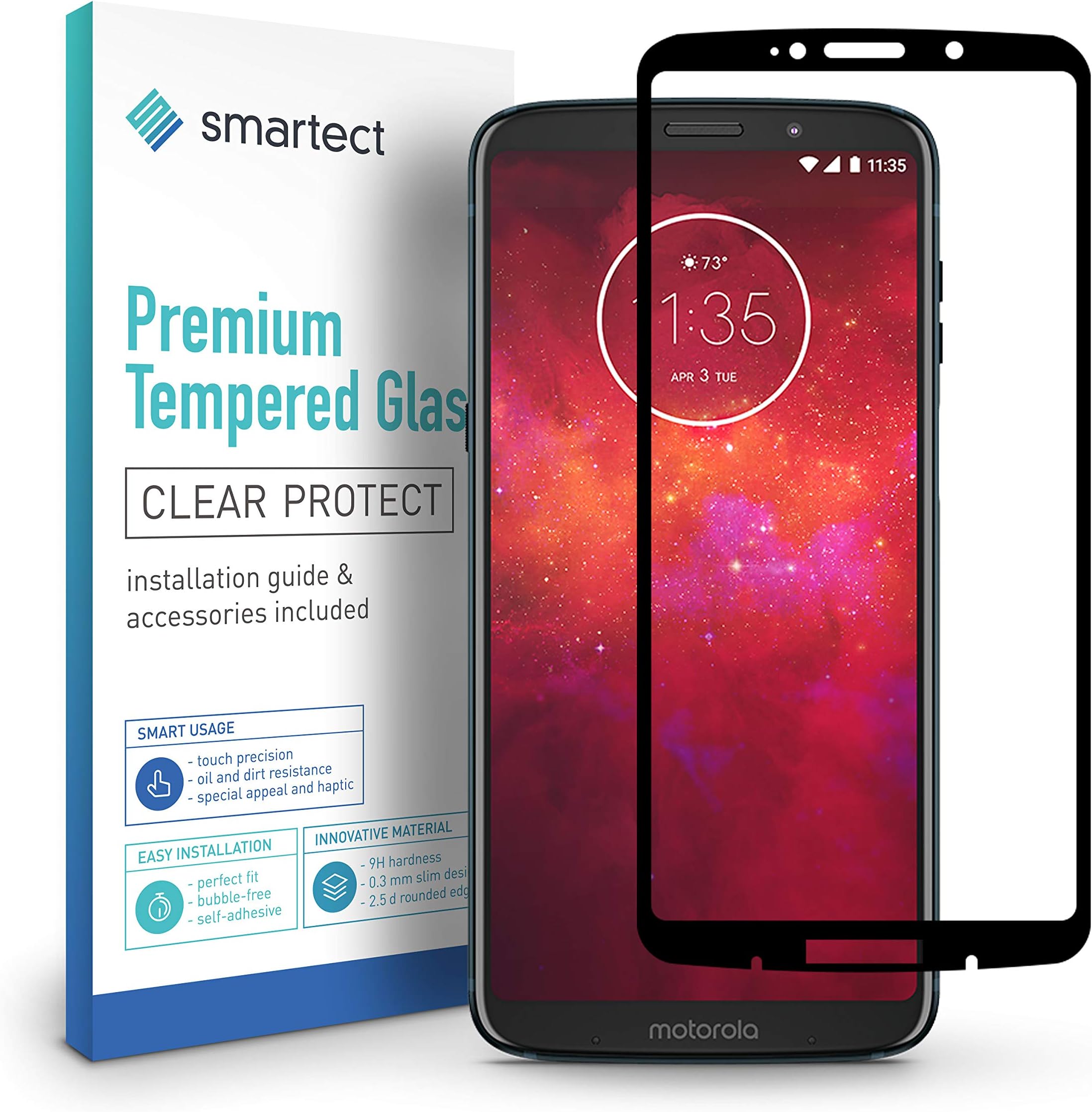 smartect Full Screen Protector for Motorola Moto Z3 Play [FULL SCREEN] - 9H Tempered Glass - Full Coverage Design - Bubble-Free Installation - Anti-Fingerprint