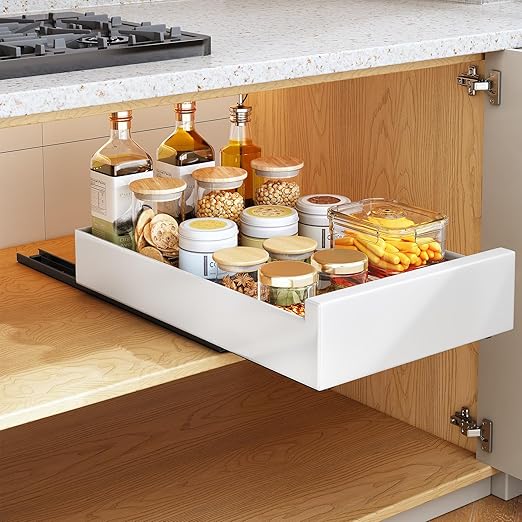 Uittrekbare lade kast organizer - Heavy Duty - Schuif uit keukenkast opbergschuiflade -55,88 cm B x 53,34 cm D - Vereist ten minste een 58,42 cm kastopening draadframe, verchroomde afwerking