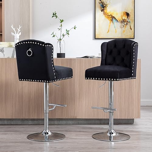 Miniatura 3 de Taburete de bar de terciopelo con altura de barra, juego de 3 taburetes ajustables para mostrador, sillas tapizadas para comedor, hogar, bar, isla