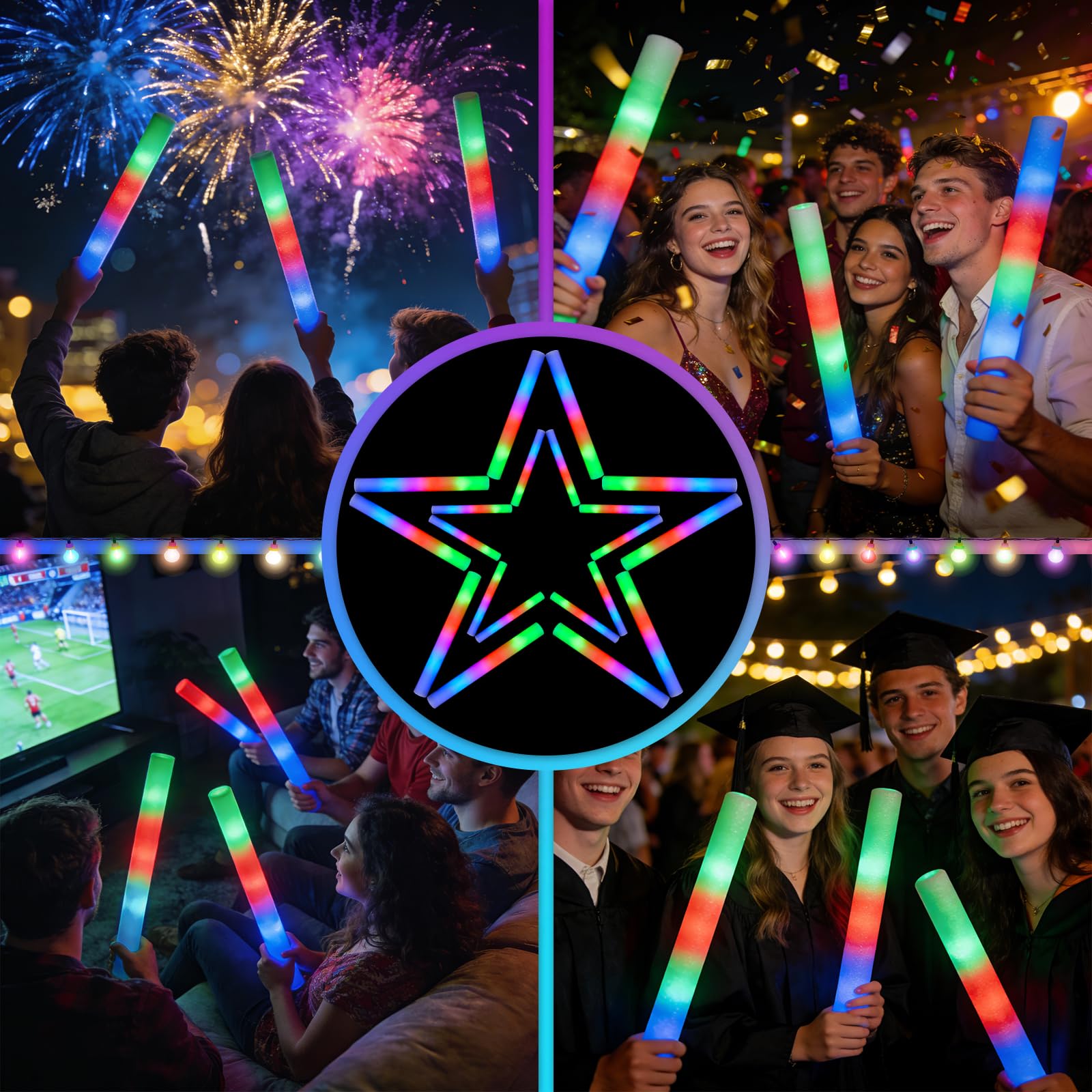 SHQDD 125 bastoncini luminosi in schiuma, si illuminano al buio per feste, con 3 modalità lampeggianti colorate, confezione per feste per matrimoni, compleanni, concerti, Capodanno, Halloween, Natale