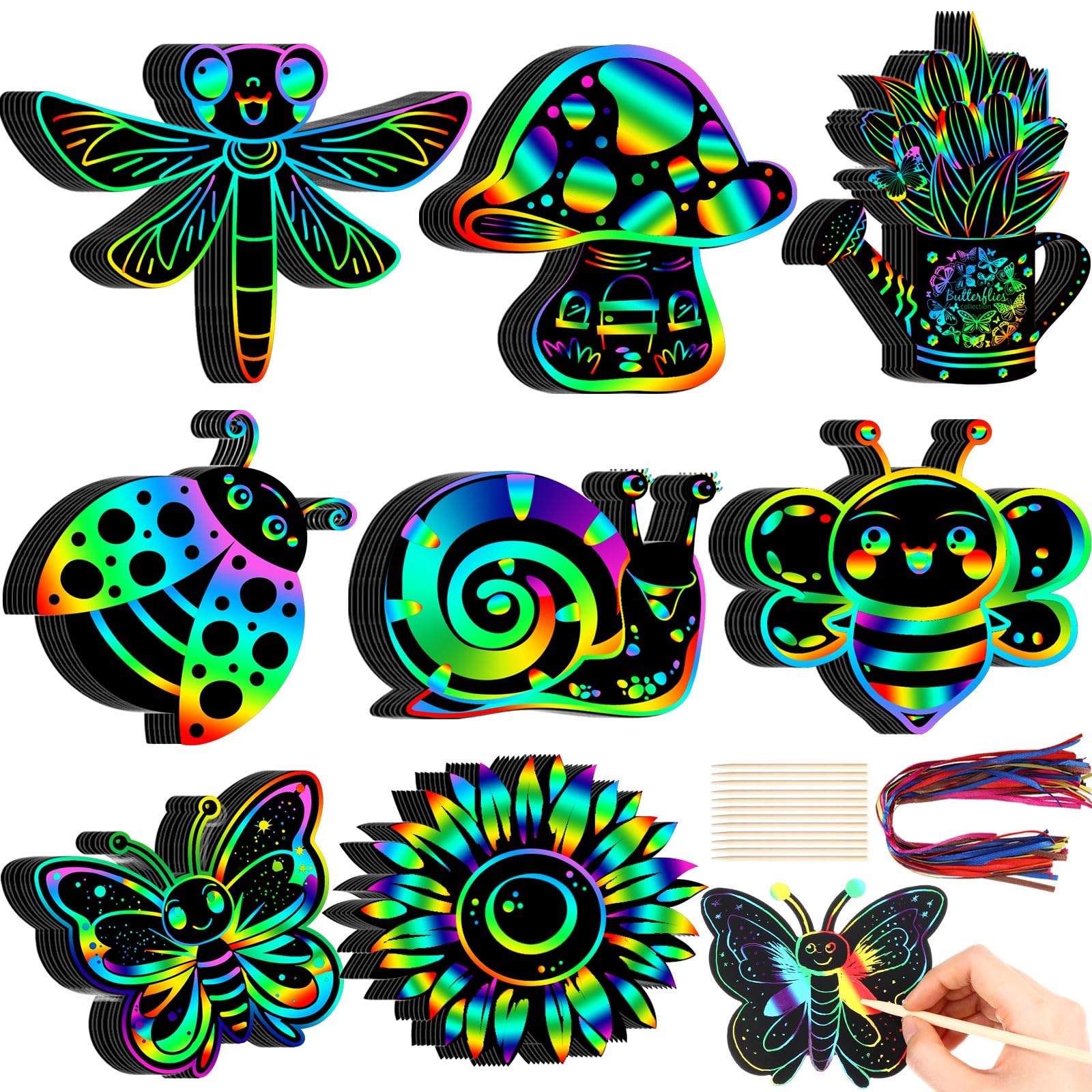 HyDren 80 Pcs Spring Scratch Cards Rainbow Flower Butterfly Scratch Paper Tea Party Theme Flower Crafts with Bamboo Stylus and Ribbon for Adult Home