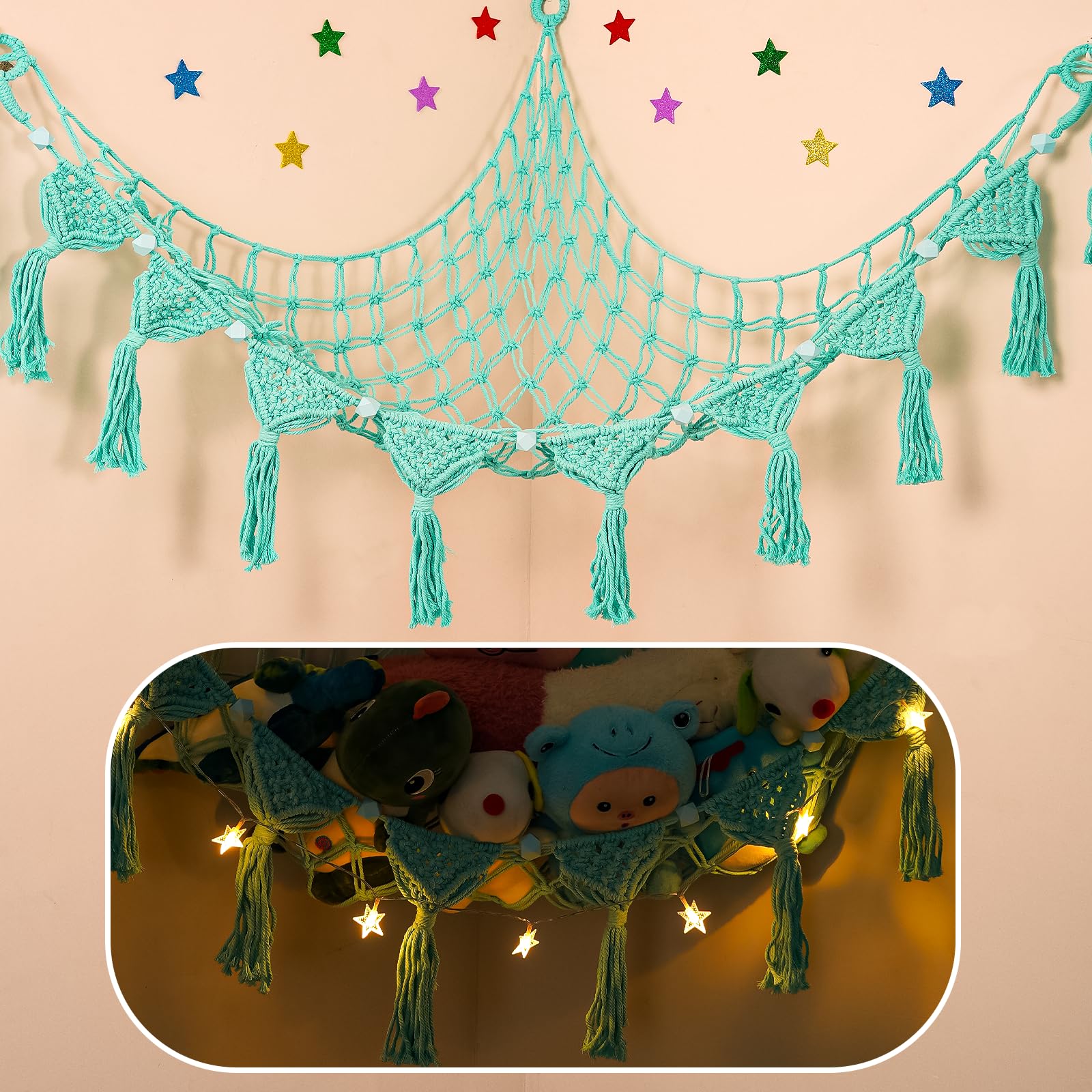 Stofftier-Hängematte, Hängenetz-Organizer für Spielzimmer, Kinderzimmer, Dekoration, Boho-Makramee-Quasten, Eckspielzeughalter, Wandmontage, Plüschtiernetz mit Lichterkette für Babyzimmer