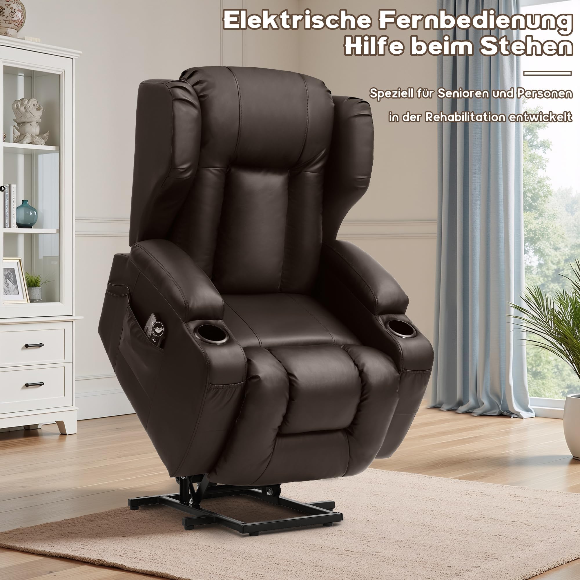 Fernsehsessel mit Aufstehhilfe Elektrisch, Relaxsessel mit Liegefunktion, Massagesessel mit Massage Wärmefunktion Seniorensessel für Senioren, 2 Seitentaschen und Getränkehalters (Braun)