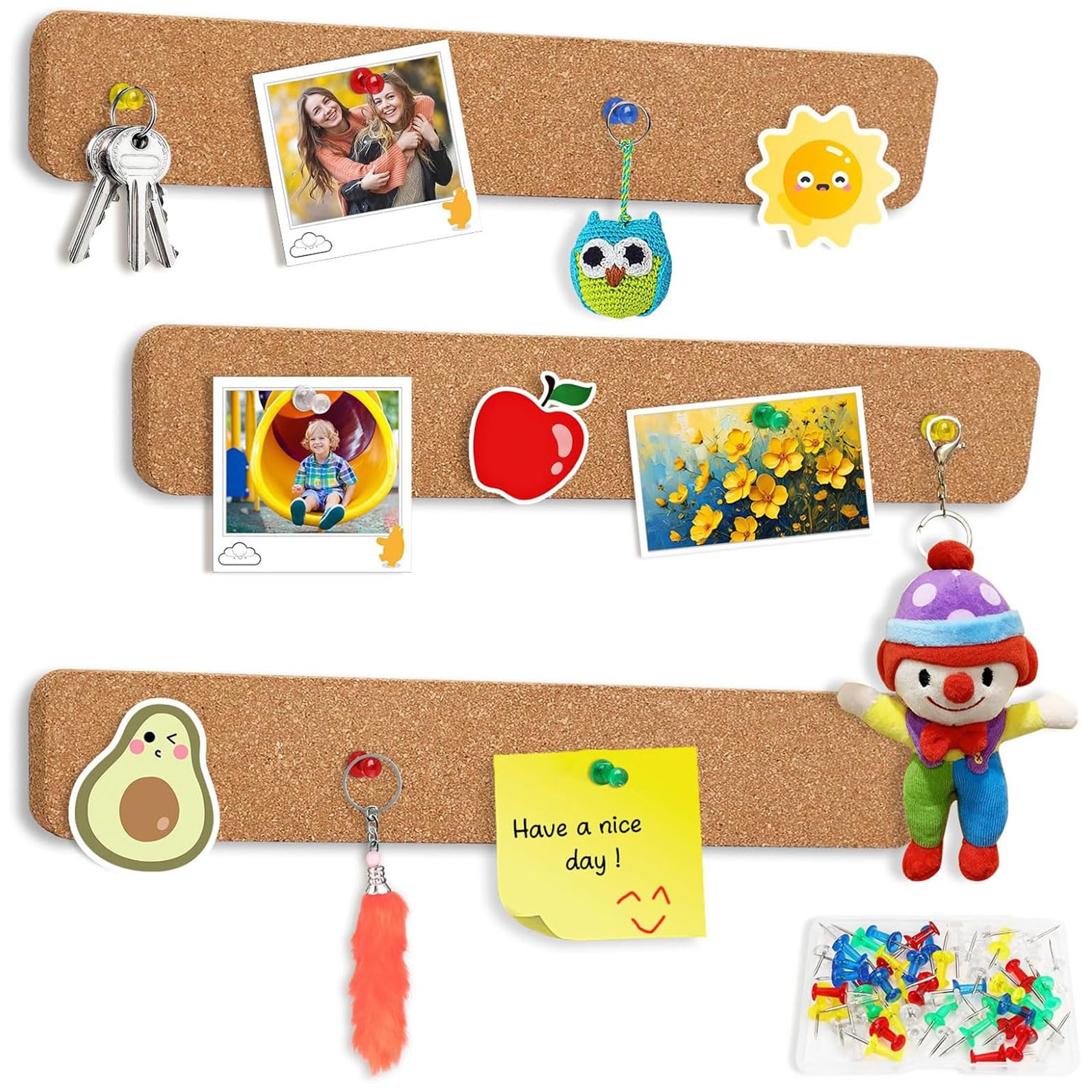 Tiras de corcho para pared autoadhesivas, 3 unidades, 3x2 pulgadas, con 50 chinchetas