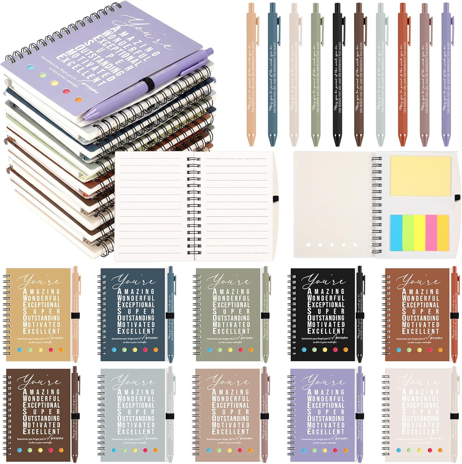 Jetec 100 Pcs/50 Sets Motivational Spiral Notebook with Sticky Notes Pen Bulk Boho Inspirational Journals Employee Appreciation Thank You Gift for Teacher Coworker Staff Team (Morandi Earth)