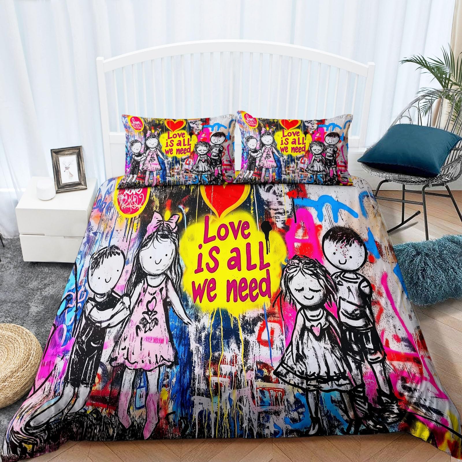Pintada Funda Nordica Cama 90 de 3 Piezas Niño y niña Pintados Juego de Funda Nordica 150x200 cm Suave Transpirable y 2 x Fundas de Almohada de 50x75 para Ropa de Cama Infantil Niño Chico Niña