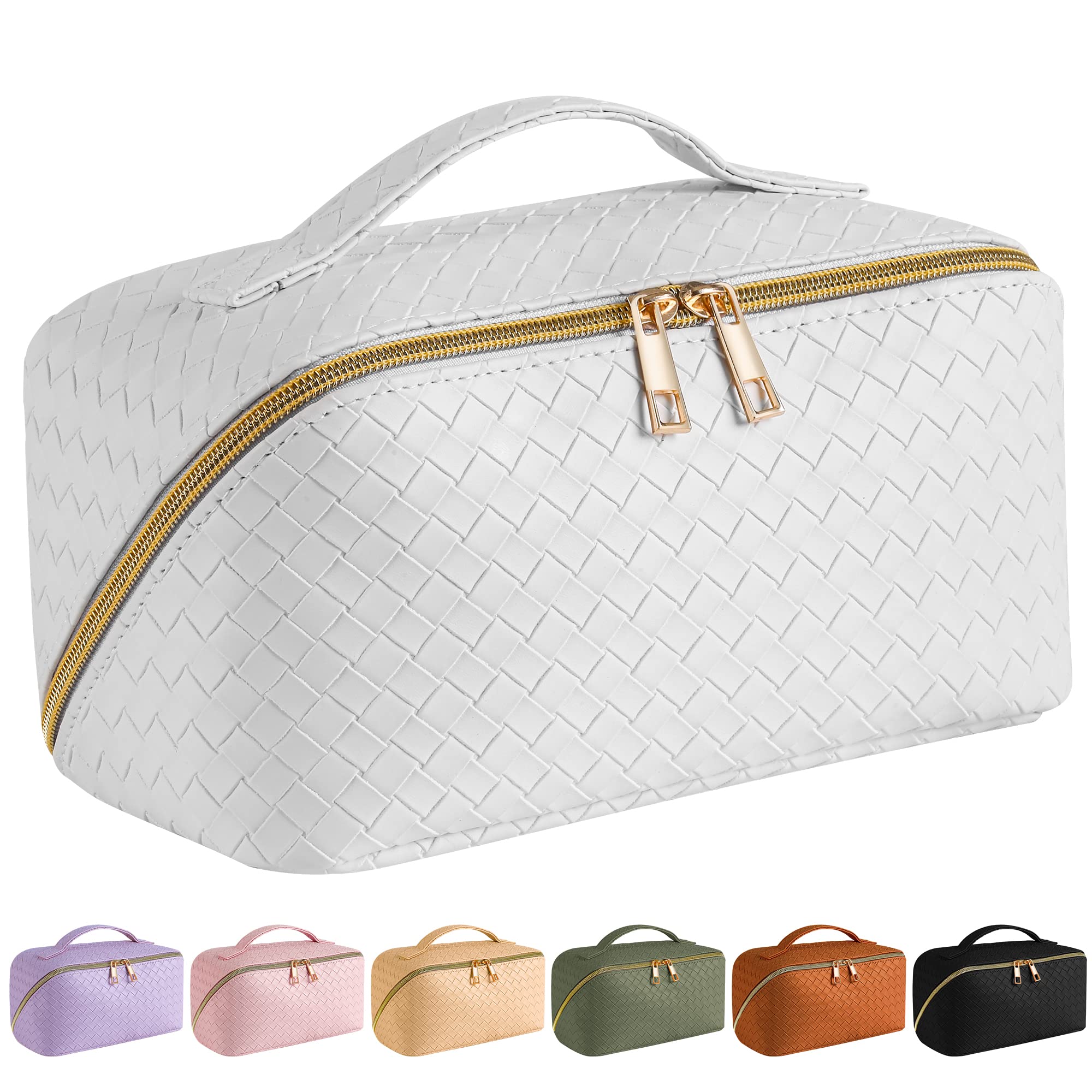 Large Capacity Travel Cosmetic Bag - Makeup Bag, PU Leather Waterproof Cosmetic Bag, Women Portable Travel Makeup Bag With Handle and Divider Flat Lay Makeup Organizer Bag, white, Fashion