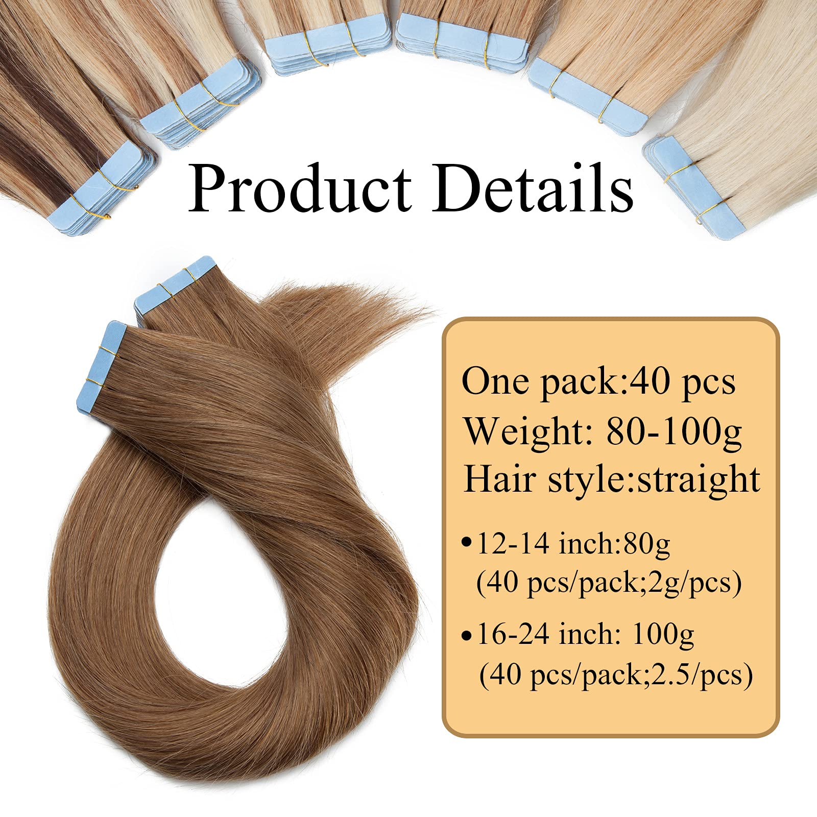 SEGO 40 Stück Tape in Extensions Echthaar Klebeband Haarverlängerung 100% Remy Human Haar Haarteil (+10 Tressen free tapes) 40 cm Hellbraun#6-2