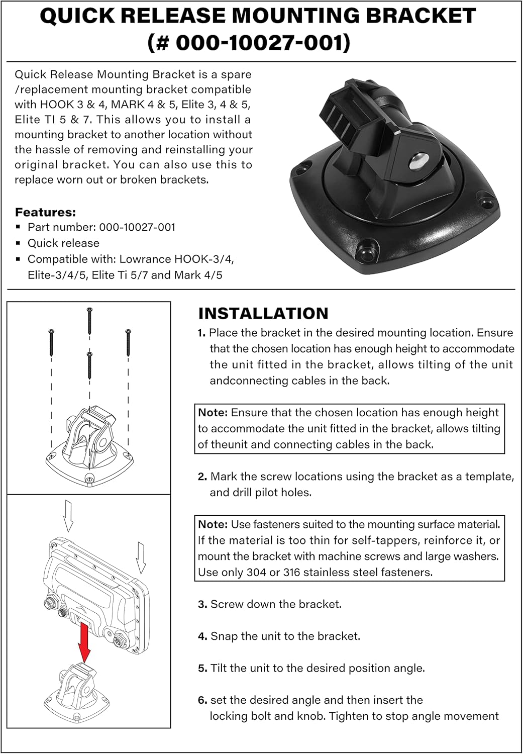 Bonbo 000-10027-001 Quick Release Mounting Bracket Fits for Mark Elite Hook 3 4 5 TI5 TI7 Simrad GO5 Fish Finders