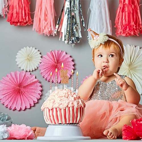 Miniatura 10 de MTLEE Vela de medio cumpleaños con 10 velas finas en espiral para tartas en soporte para 12 cumpleaños, aniversario, celebración, boda, fiesta,