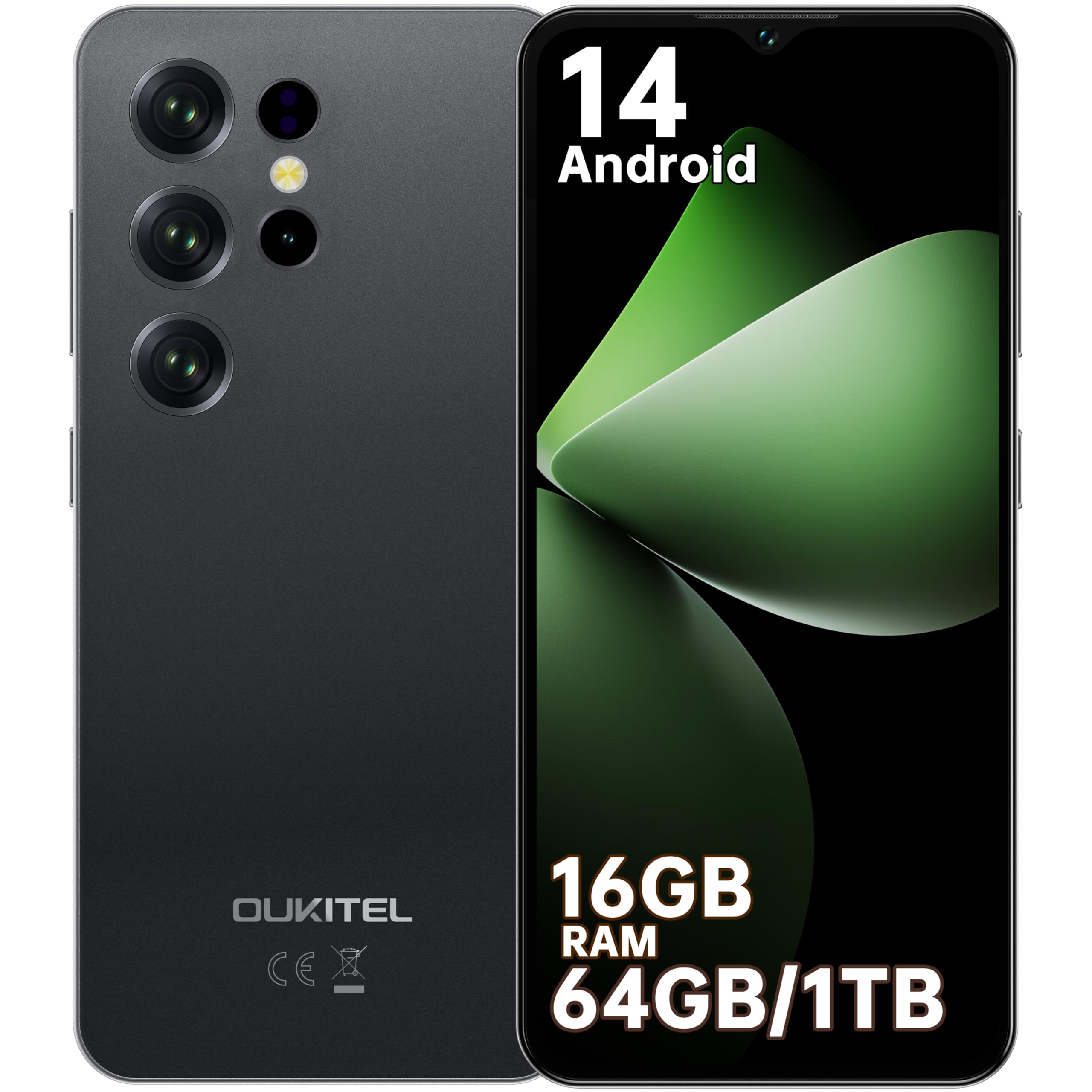 OUKITEL C2 Smartphone Android 14, 16(4+12) GB RAM + 64GB ROM/TF 1TB 6,52" HD Telefono Cellulare 5000nAh 13MP+5MP Camera Telefono Dual SIM 4G Cellulari e Smartphone /3.5mm Jack/Face ID/OTG Nero