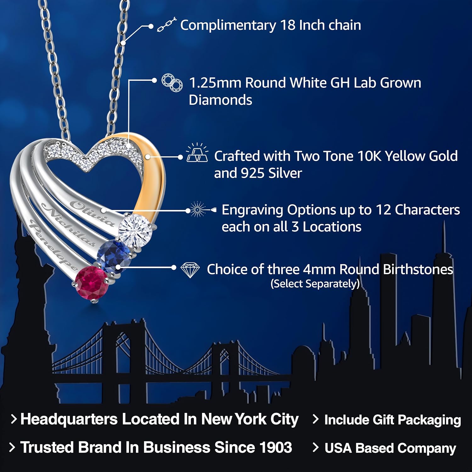 Gem Stone King Customized Personalized Engraved 3-Stone Heart Pendant Necklace For Women | 925 Sterling Silver and 10K Yellow Gold | 4MM Round Gemstone Birthstone and White Lab Grown Diamond - Image 2