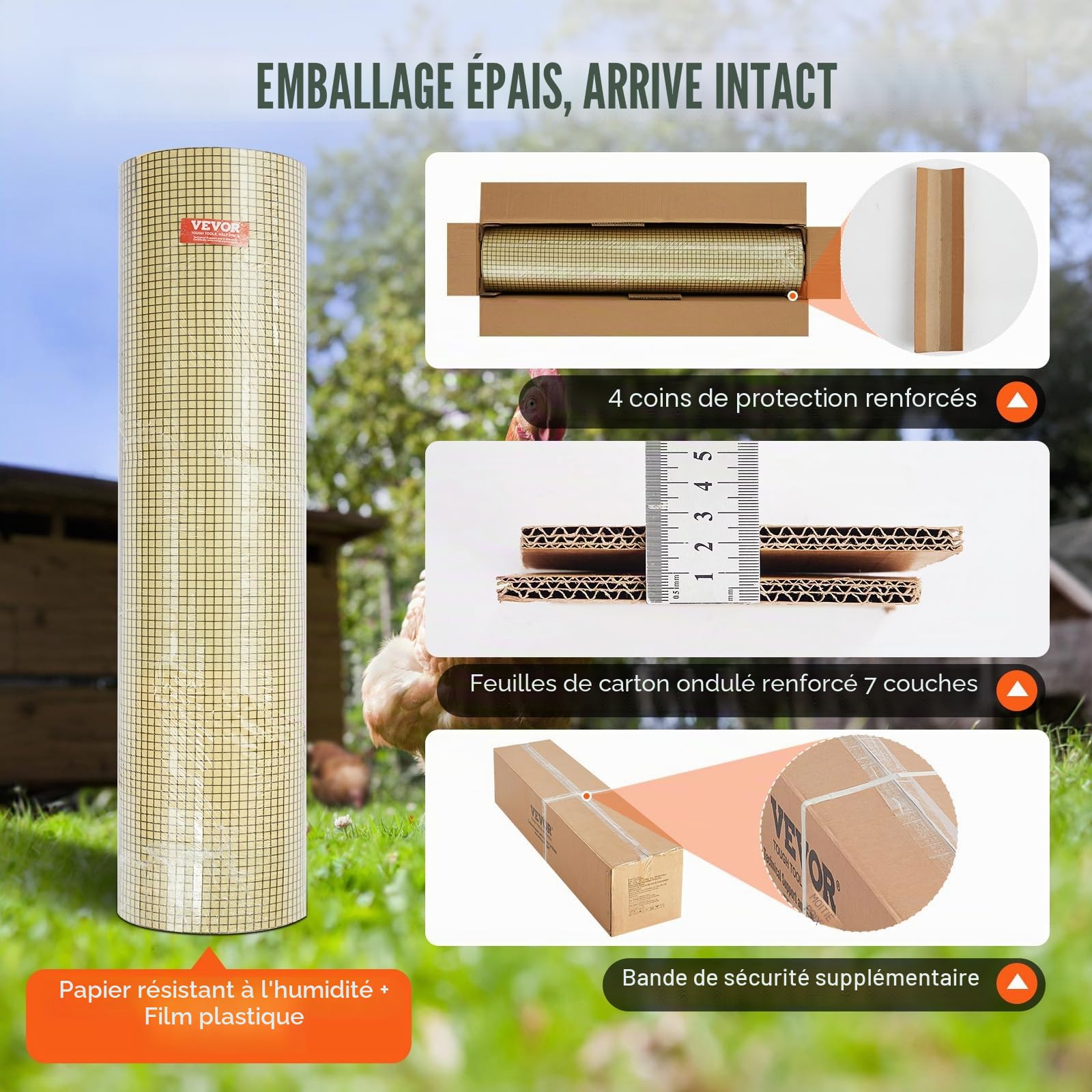 VEVOR Rouleau de grillage galvanisé 1,2x30 m grillage à poules 12,7x12,7mm Carré Galvanisé maille métallique à revêtement 1,06mm vinyle pour barrières de poulaillers enclos de volailles