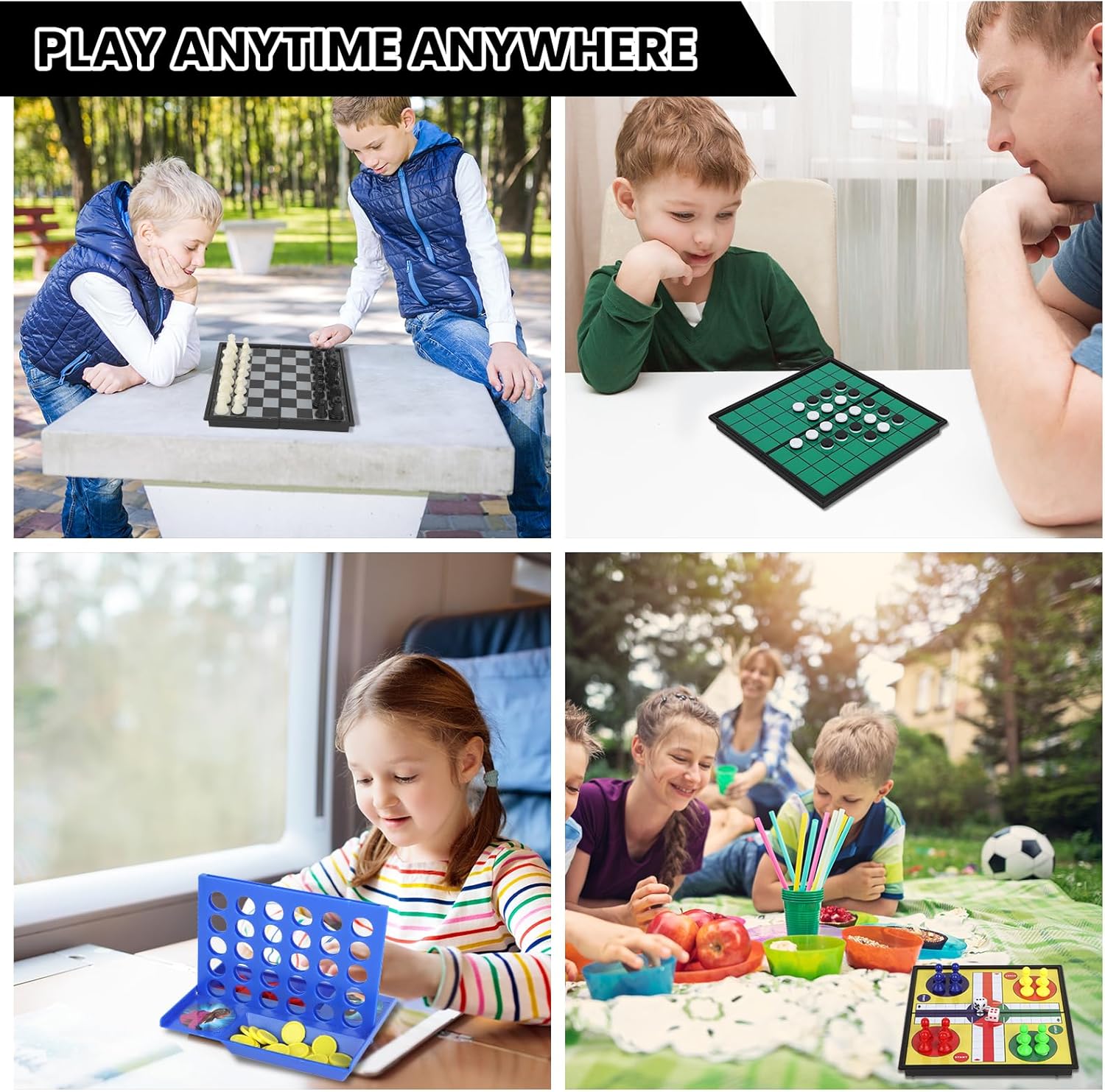 5 in 1 Mini Magnetic Board Travel Games Set with 4 Foldable Chess Boards and 5 Sets of Chess Pieces, Checkers Games with Storage Bag, Small Board Games for Road Trip, Camping, Party