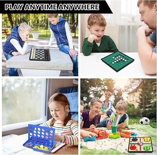 Miniatura 8 de Juego de mini juegos de mesa magnética 5 en 1 con 4 tableros de ajedrez plegables y 5 juegos de piezas de ajedrez, juegos de damas con bolsa de