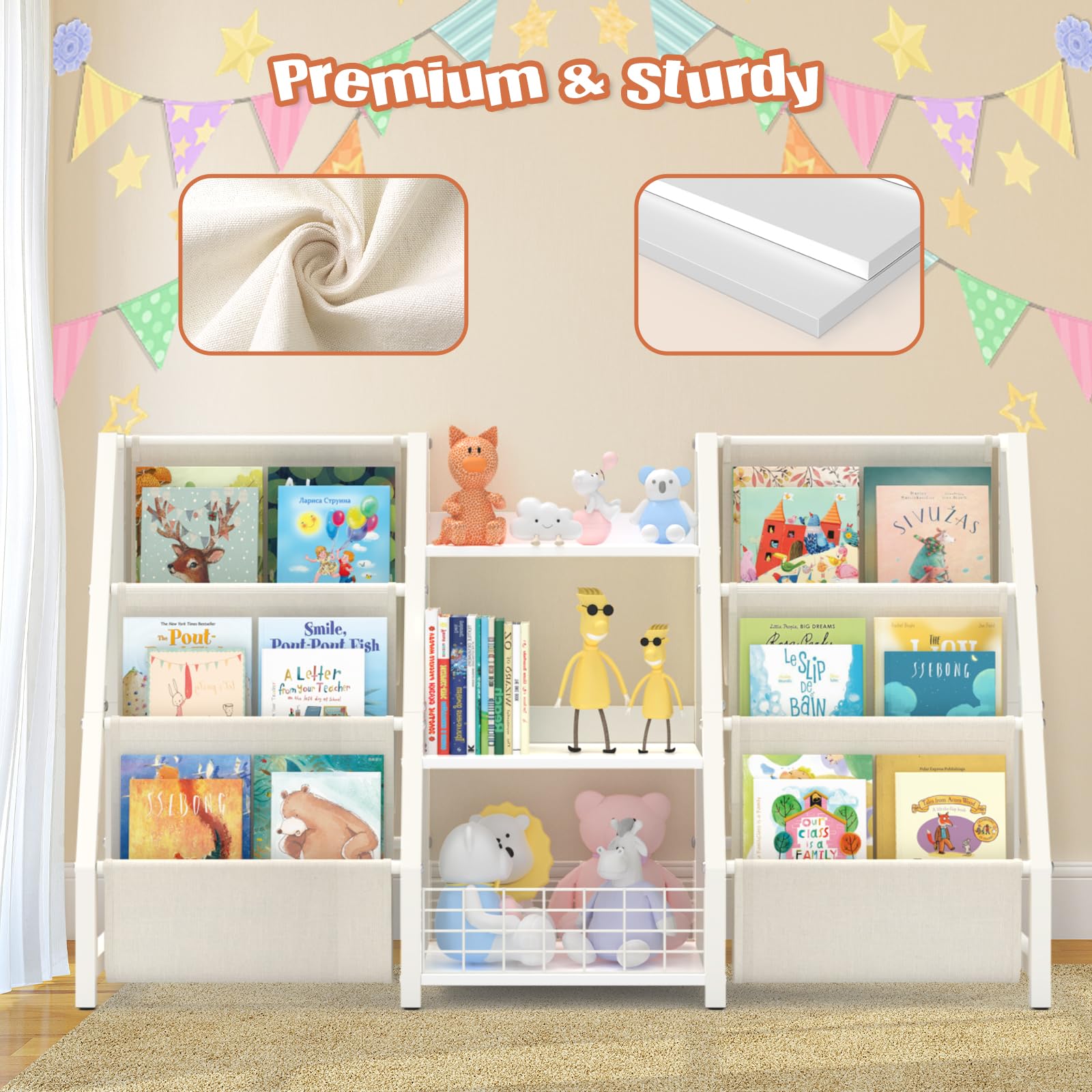 BORISI Libreria Montessori per Bambini, Scaffale per Giocattoli con 6 Scomparti, Porta Libri Bambini, Organizer per Cameretta e Sala Giochi, 124x30x75 cm, Bianco