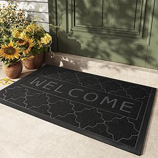 Color G Outdoor Welcome Mat, 24"x36" Black Grey Waterproof Non Slip Rubber Mat, Large Heavy Duty Outdoor Mat for Inside/Outside Front Door, Patio and Garage