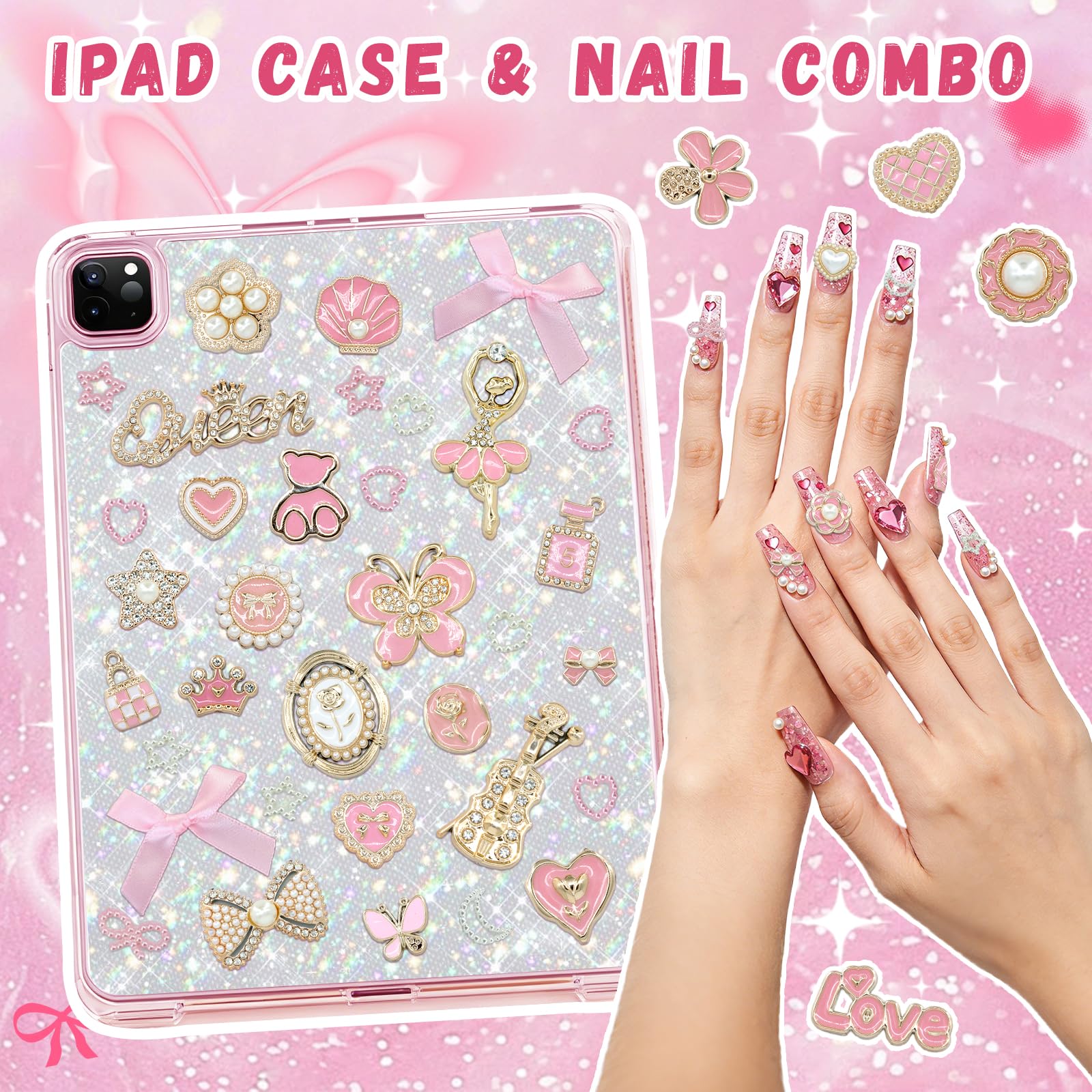 RIHYTFU Junk Case Charms Kit, Pink Junk Phone Case Charms for Customizing DIY Cases, Gold Charm for Making Phone Cases with Flatback Pearls Bulk Butterfly Bow, DIY Craft Accessories - 4