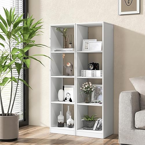 Miniatura 4 de IFANNY Estantería blanca, estante vertical con 4 cubos, estante de exhibición moderno, estantes de almacenamiento de madera para dormitorio, sala de