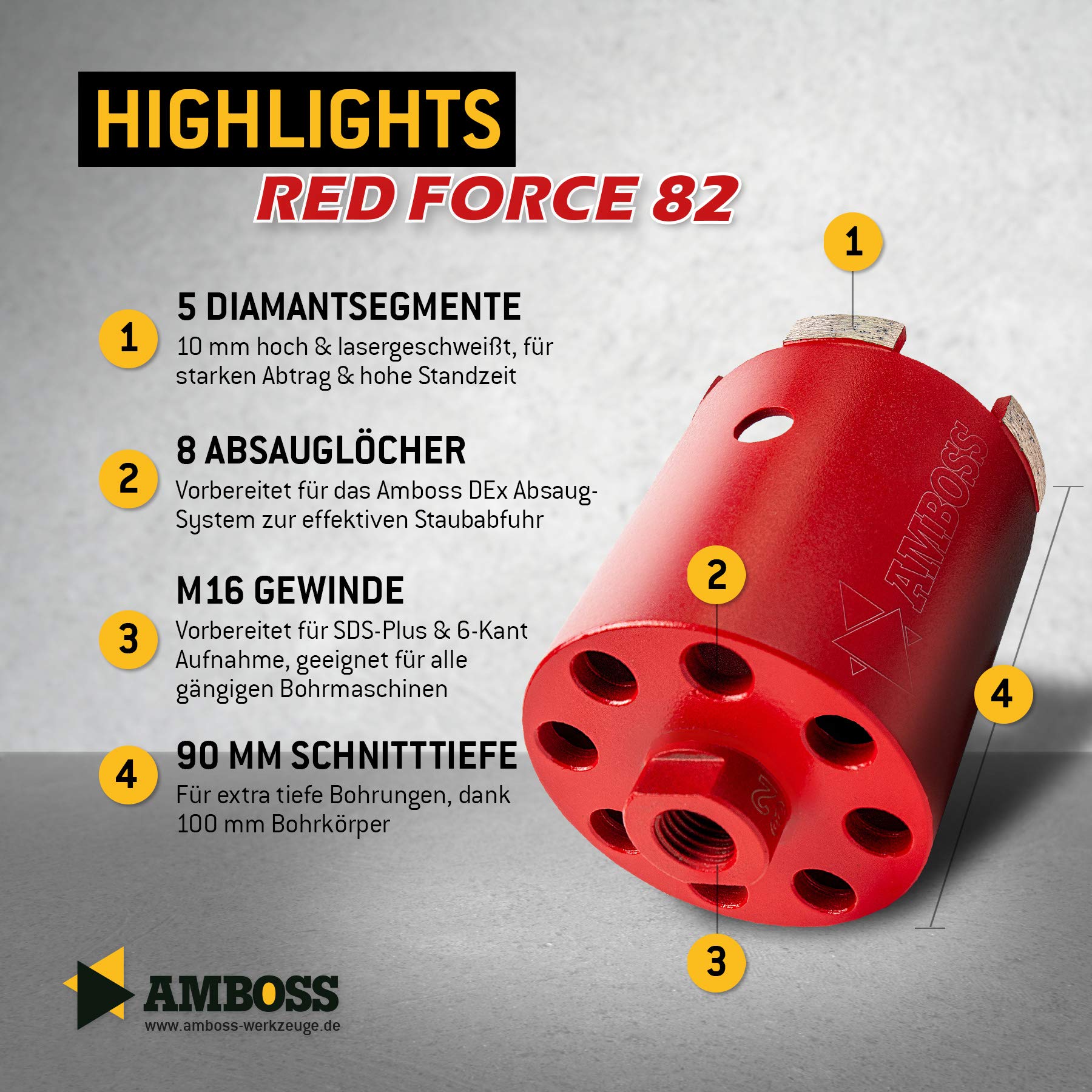 Red Force - Avellanador de diamante (82 mm, con orificios para extracción de polvo, ladrillo, mampostería, hormigón y pavimentos, profundidad de corte: 90 mm)