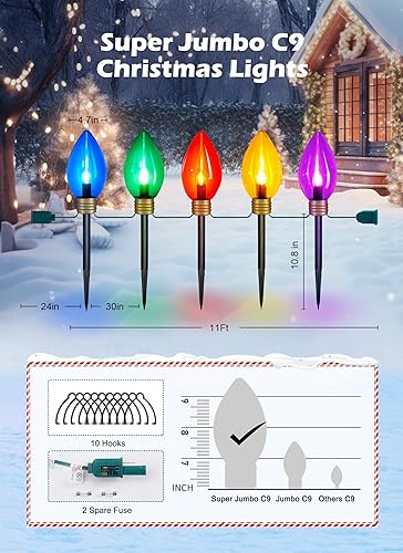 Miniatura 2 de Paquete de 2 tiras de luces de Navidad súper jumbo o luces de marcador de camino, decoraciones de Navidad al aire libre, 11 pies, 5 luces LED Jumbo