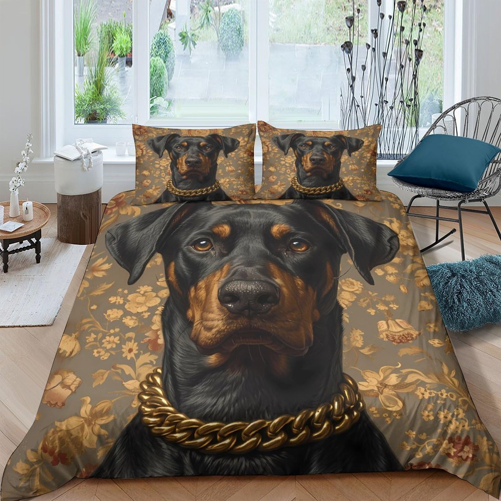 Ctjqhvkz Style-3 3D Printed Doberman Art Fitted Sheet Microfiber Soft Brown Gold Chain Bed Cover For Bedroom Dorm Mattress Decor Single（135X200cm）