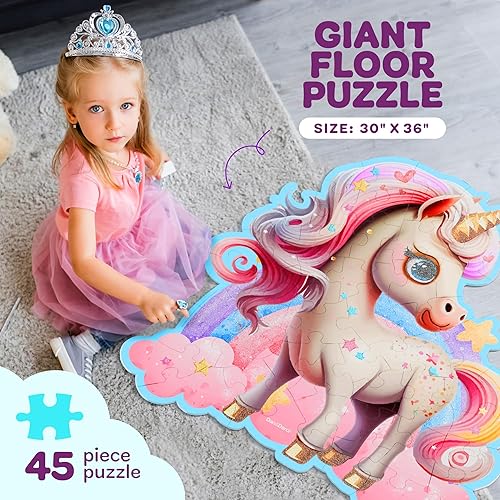 Miniatura 2 de Rompecabezas de unicornio gigante brillante de 45 piezas para niños de 3 a 6 años de edad, rompecabezas grandes para niños de 3, 4, 5, 6 años,