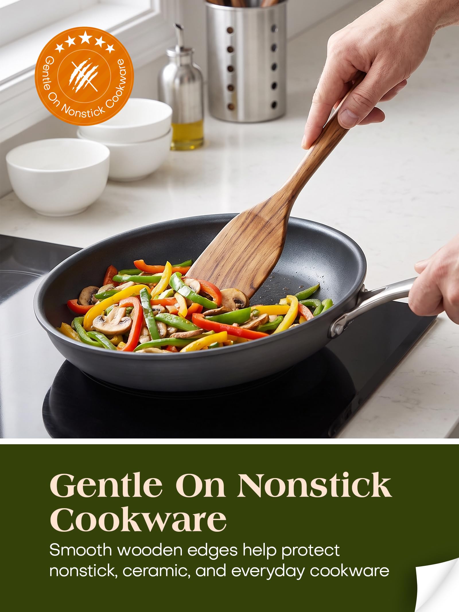 Set di utensili da cucina con supporto, utensili da cucina in legno per cucinare, utensili da cucina in legno di teak naturale, set di utensili da cucina in legno con spatola e mestolo (11)