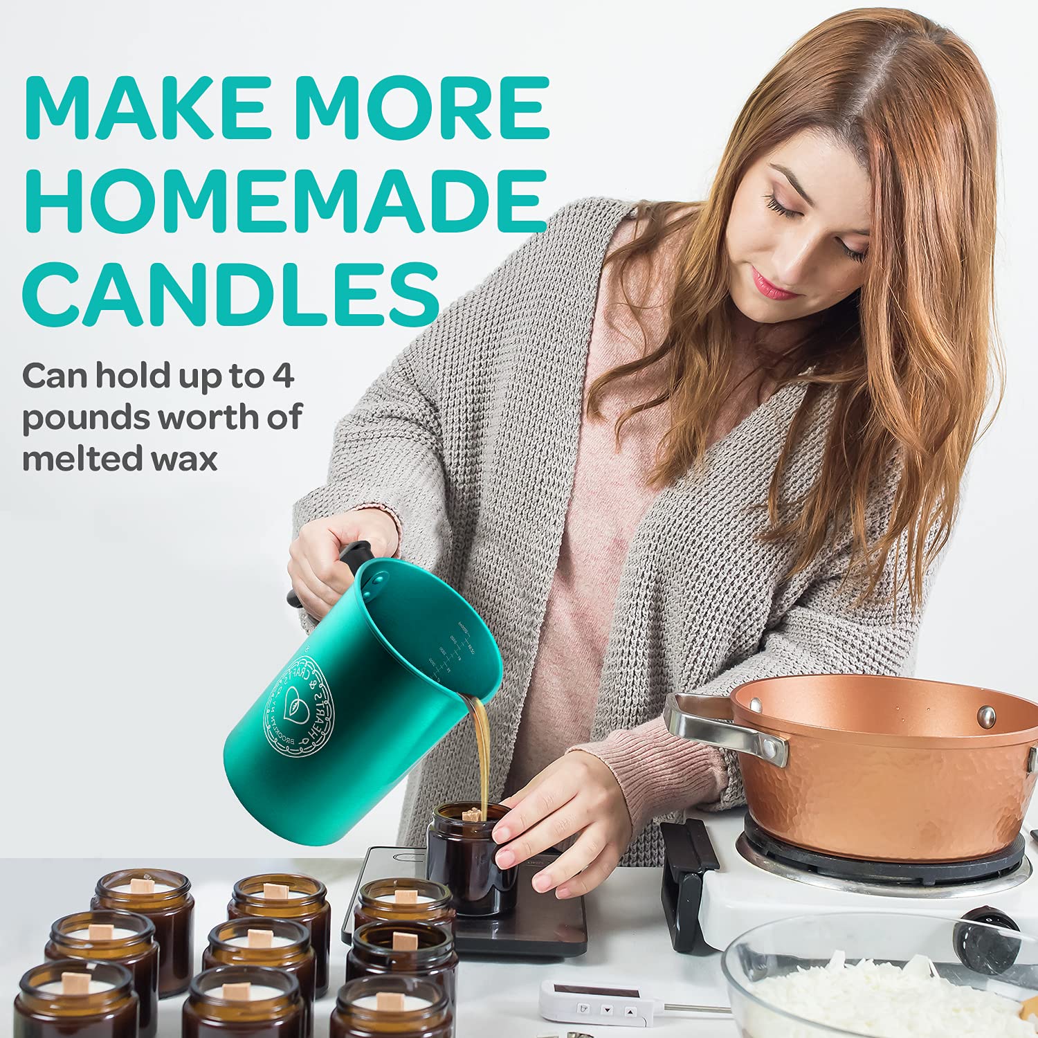 Hearts & Crafts Candle Pots, 64 uncji. Aluminum Candle Making Pot for 4lb. Melted Wax, Teal Color - Best for Candles, Arts & Crafts, and More