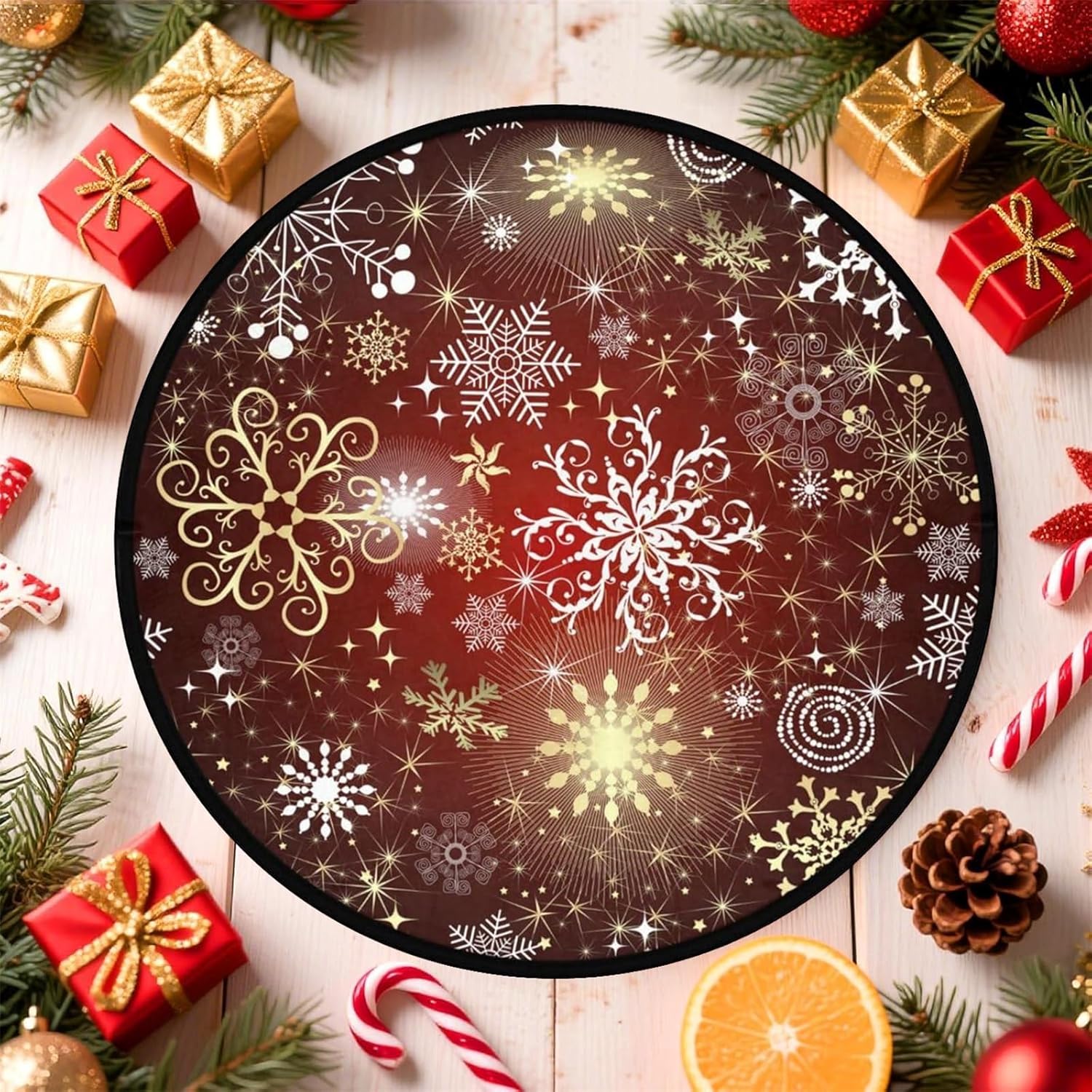 Red Round Area Rug Gold and White Snowflakes Throw Rug Christmas Decor Floor Mat 5ft,Absorbent Entryway Door Mat Non-Slip Washable Circle Rugs, for Living Room Bedroom Home Decor