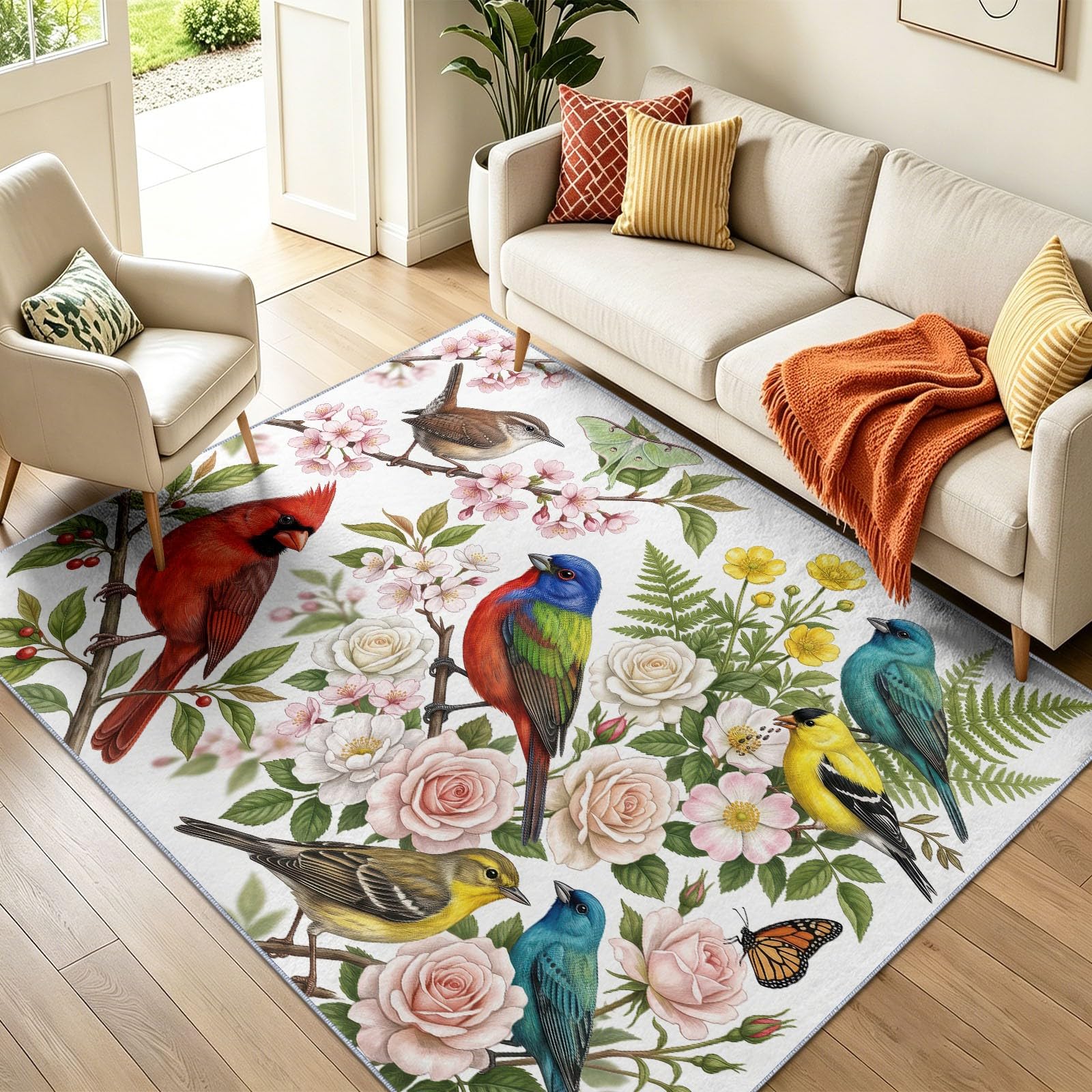 Paysage Naturel Interieur Tapis 120 x 170 cm Rouge Vert Poil Ras, AntidéRapant Tapis | Tapis Salon, Chambre Tapis,Descente de Lit, Salle a Manger, Bureau | Cardinal Bruant Végétation Bouquet De Fleurs