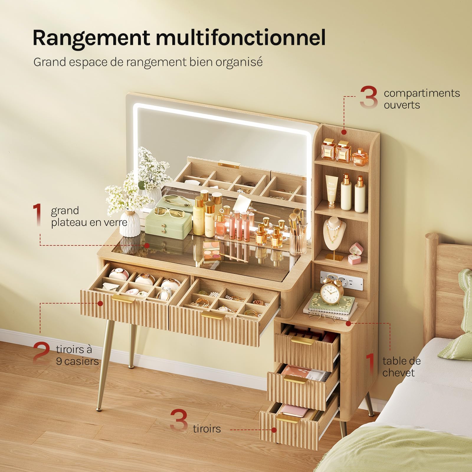 WOLTU Coiffeuse avec Grand Miroir LED, Éclairage Réglable, Multiprise, Plateau en Verre Trempé, Table Maquillage avec 2 Tiroirs à Diviseur Amovible, Armoire Latérale, Casiers Ouverts, Style Chêne