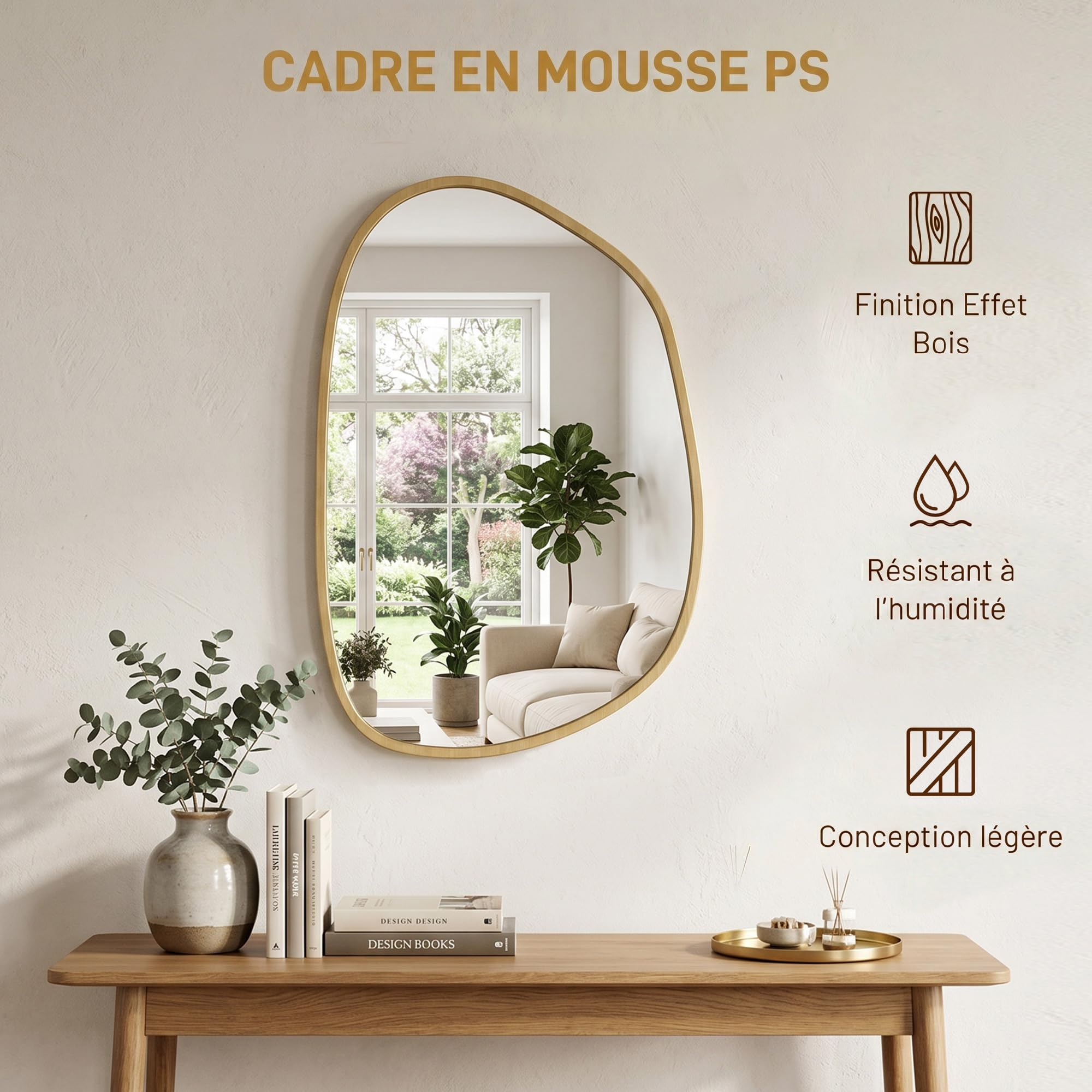 HOMCOM Miroir Mural Salle de Bain Asymétrique 90 x 60 cm Naturel