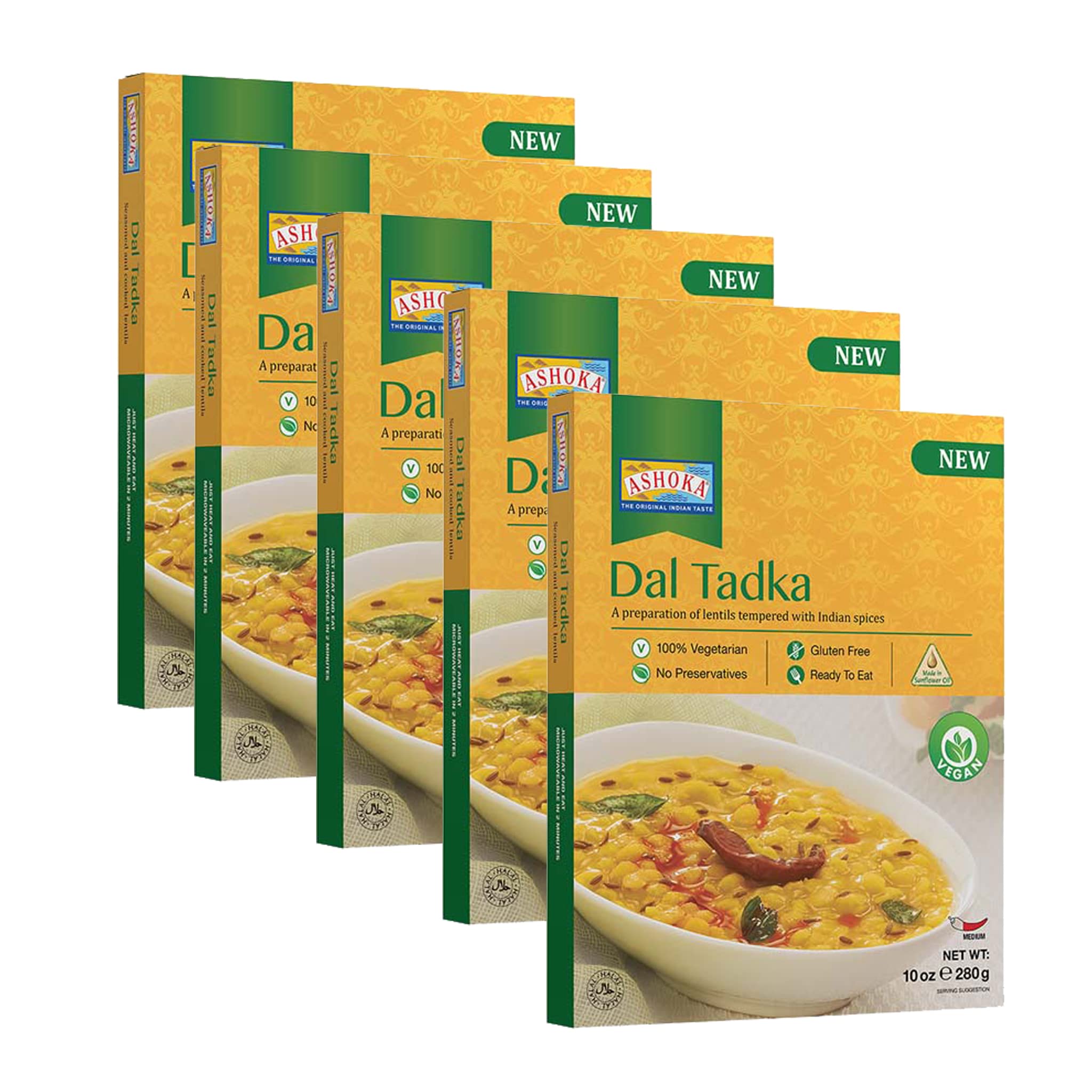 Ashoka Meals 1932, Plant-Based Lentils Curry, All-Natural Ready to Eat Meals, Authentic Dal Tadka, Portable Indian Food, Great for Lunch, Kosher Certified, Gluten-Free, No Preservatives, Pack of 5